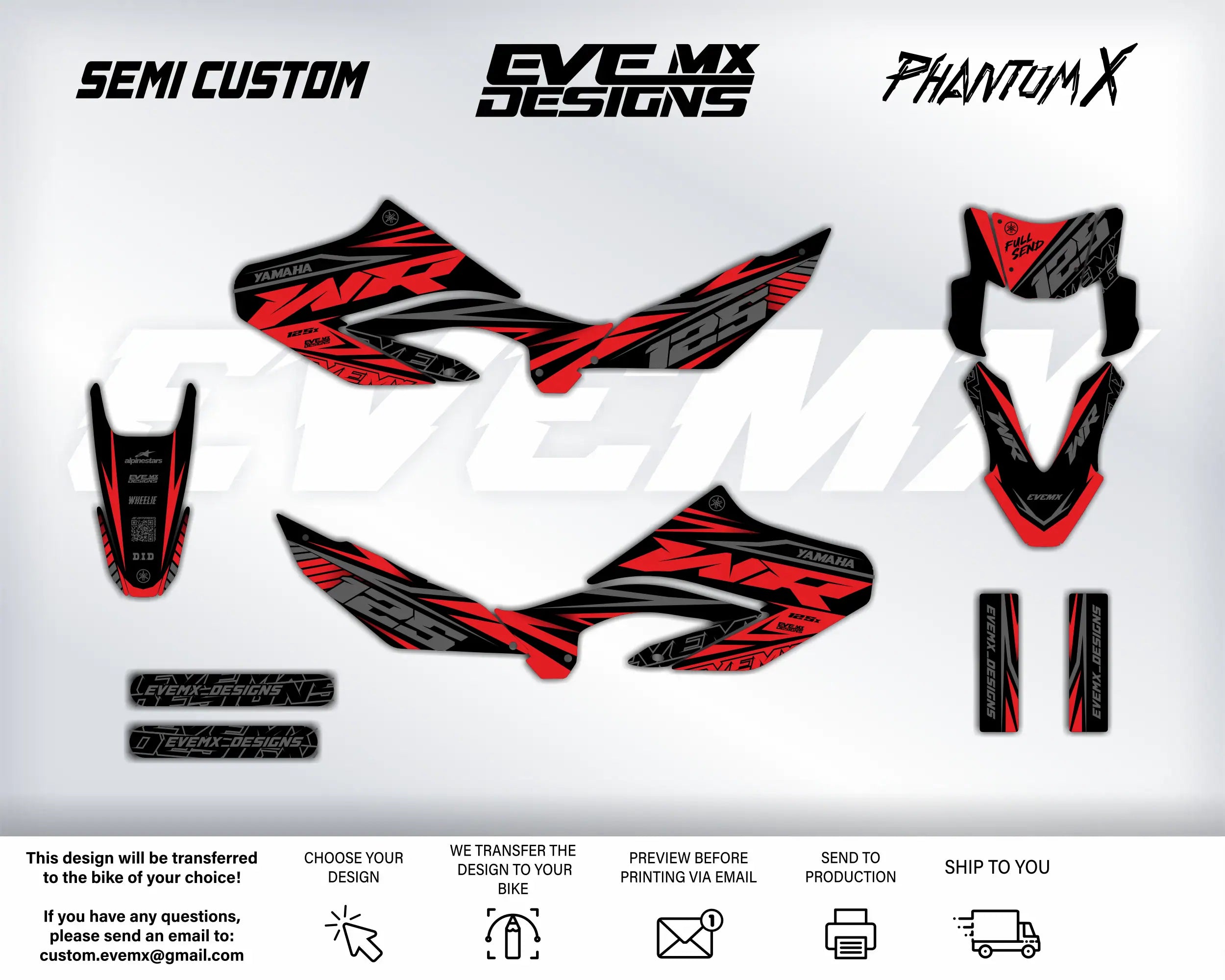 Motorcycle wrap design with 'Semi Custom', 'EveMX Designs', and 'Phantom X' branding on a white background.