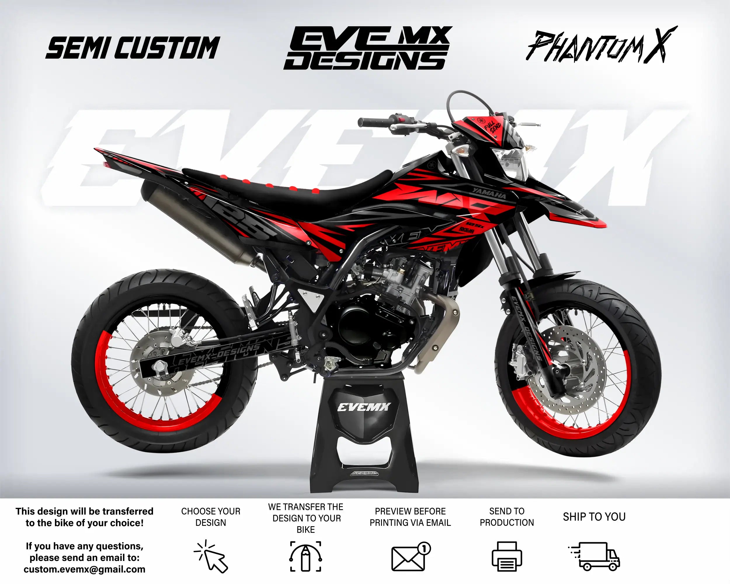 Motorcycle with 'EveMX Designs' branding on a white background