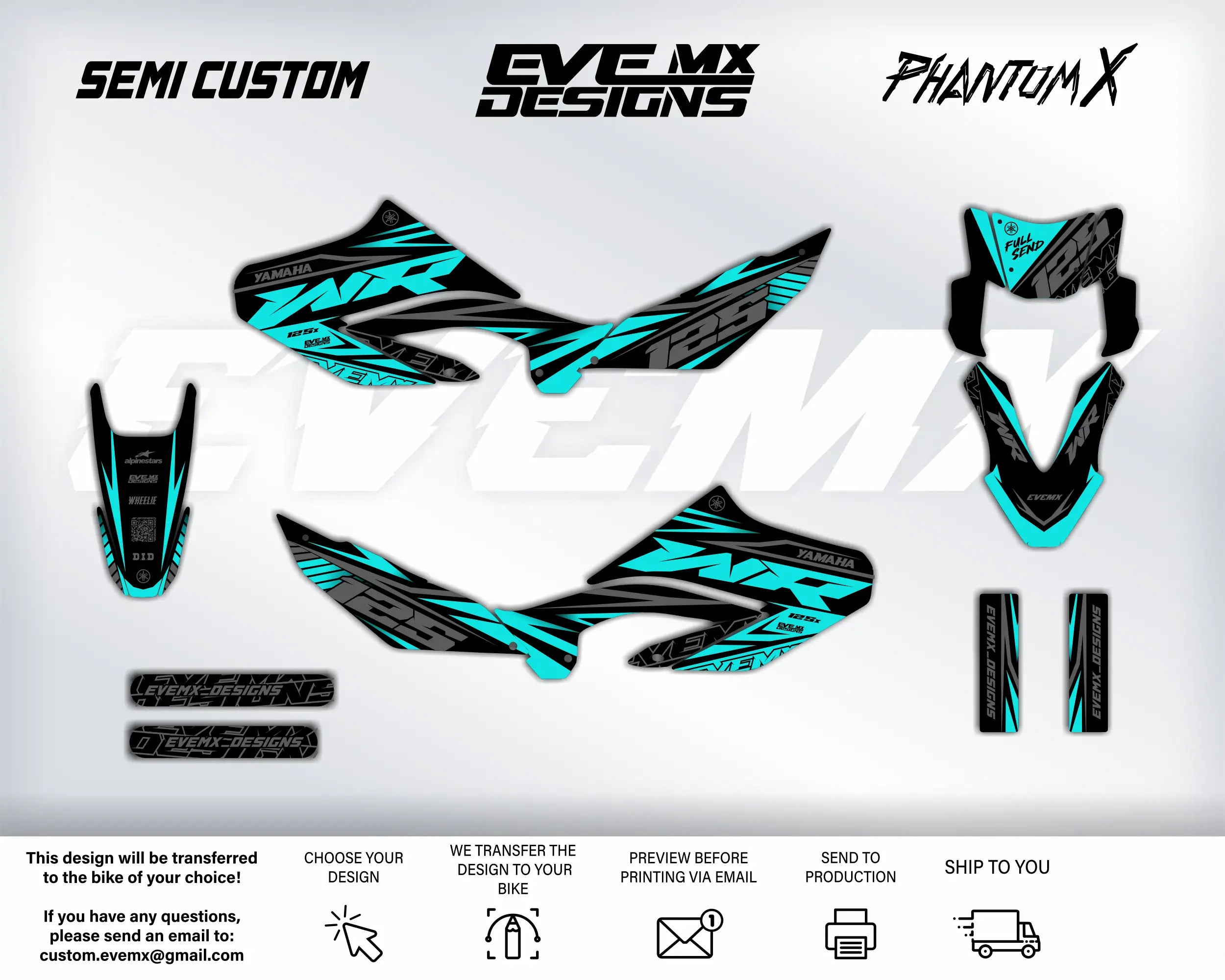 Motorcycle wrap design with 'EveMX Designs' branding on a white background