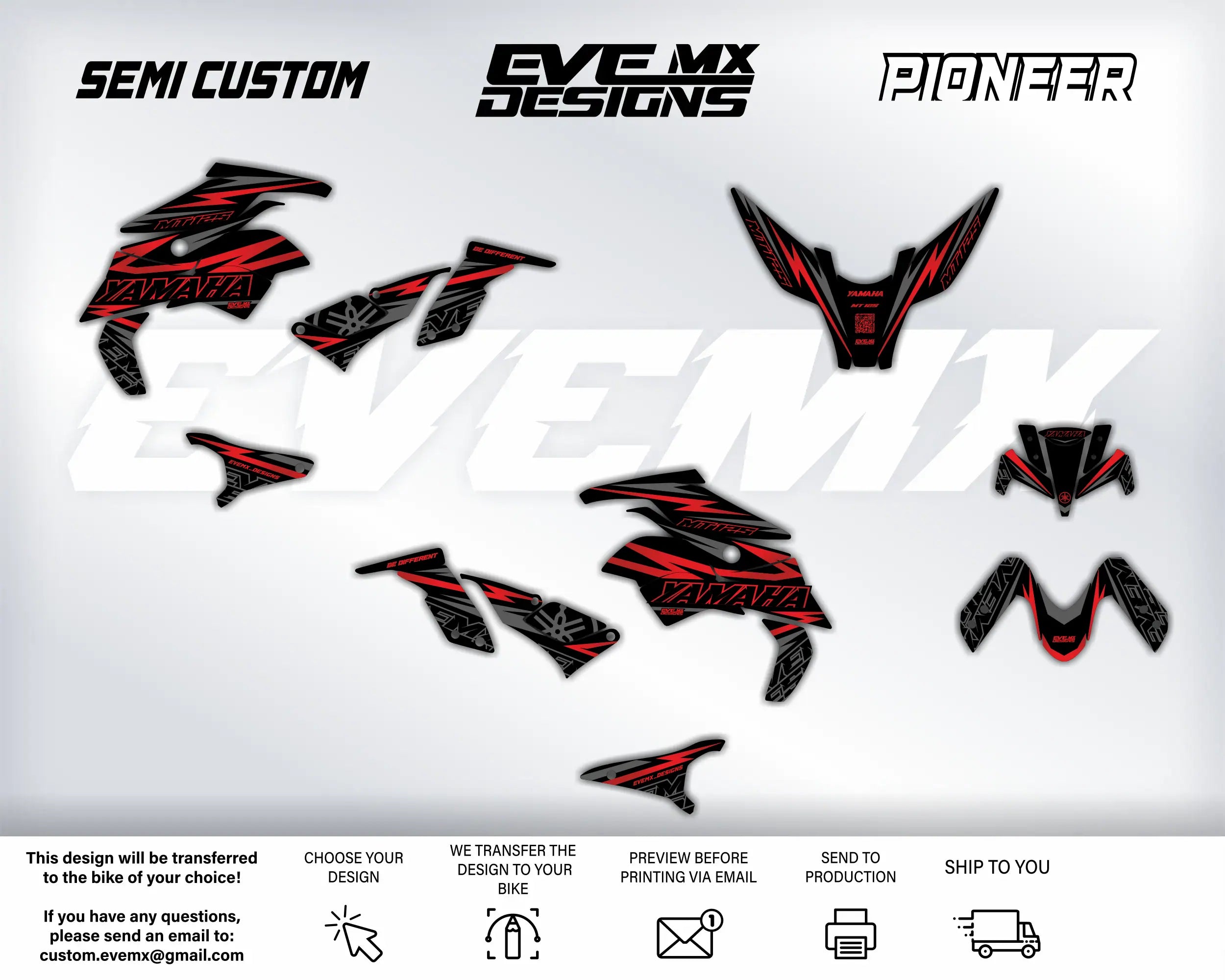 Motorcycle graphics kit with 'Semi Custom', 'EveMX Designs', and 'Pioneer' branding on a white background.