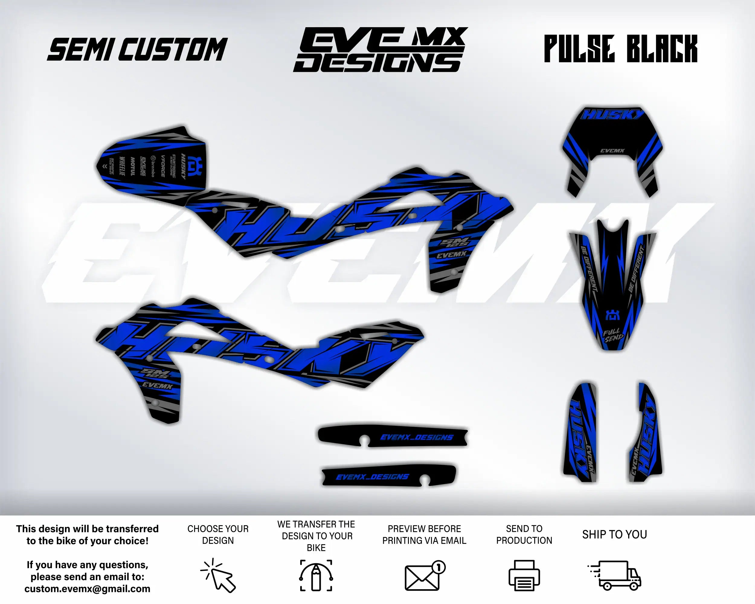 Motorcycle decals with 'Semi Custom' and 'EveMX Designs' branding on a white background.