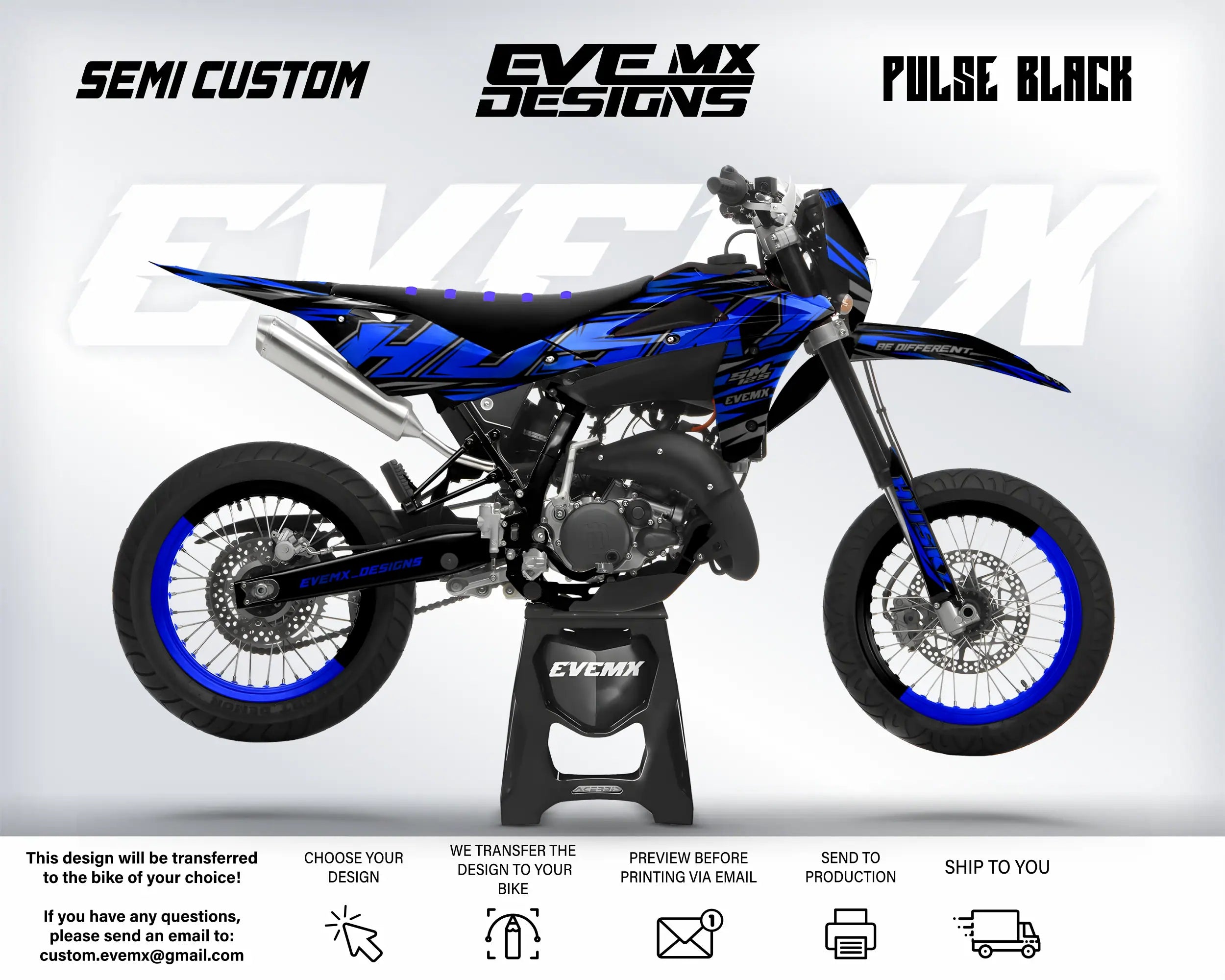 Motorcycle with blue and black design on a white background, featuring 'EveMX Designs' branding.