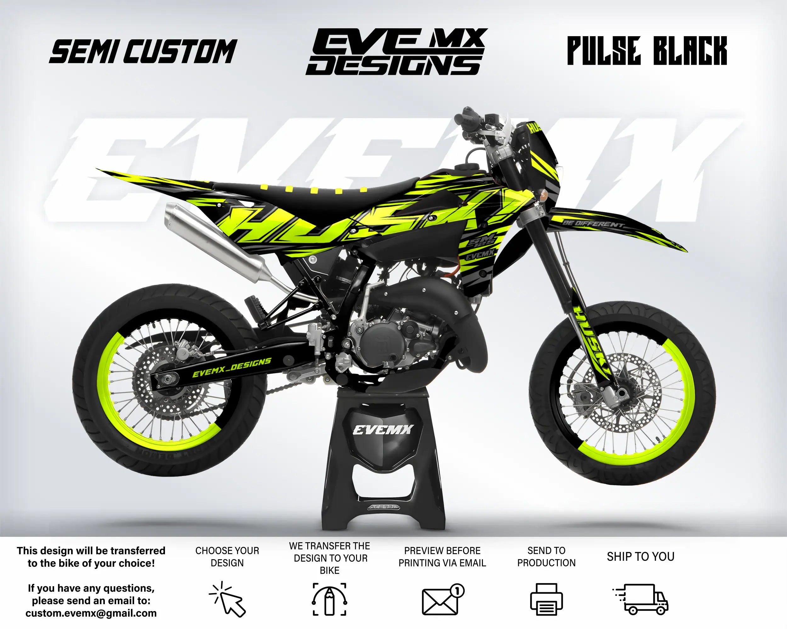 Motorcycle with yellow and black design on a white background, featuring 'EveMX Designs' branding.