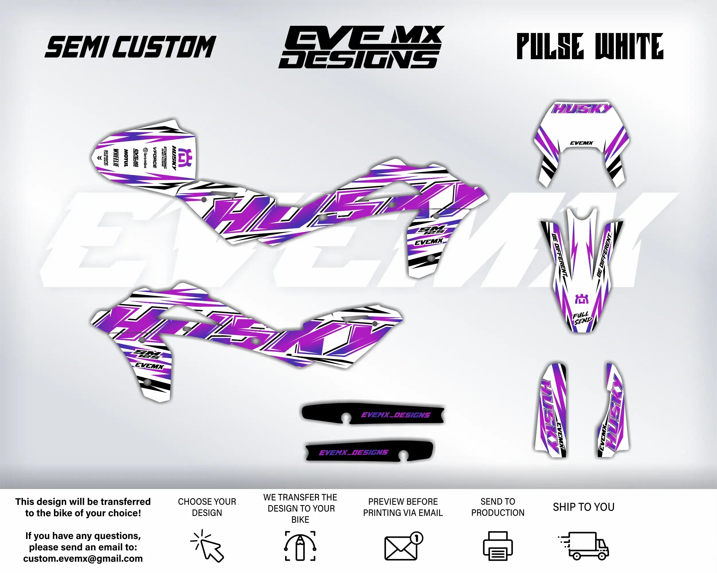 Husky motorcycle wrap design with purple and white colors on a gray background, featuring EveMX Designs branding.