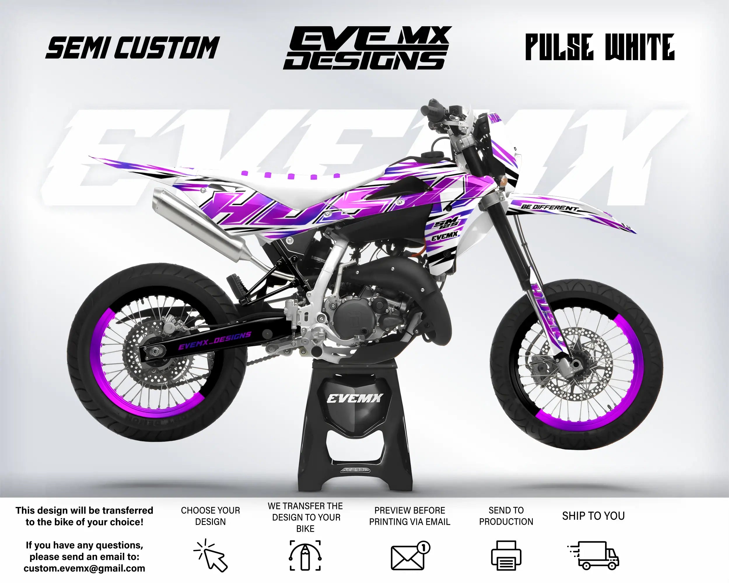 Motorcycle with purple and white design on a gray background, featuring 'EveMX Designs' branding.