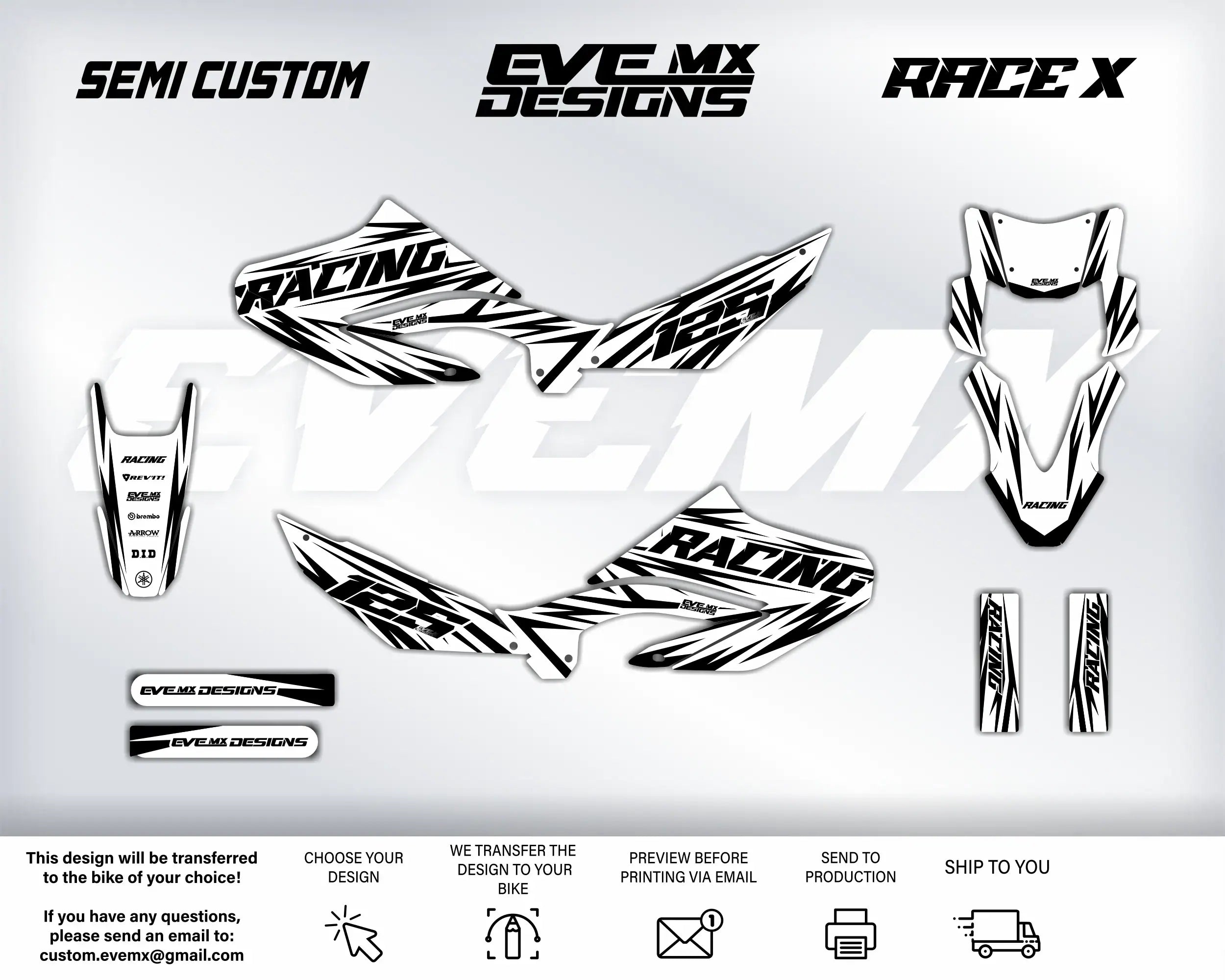 Motorcycle graphics kit with 'EVEMX Designs' branding on a white background