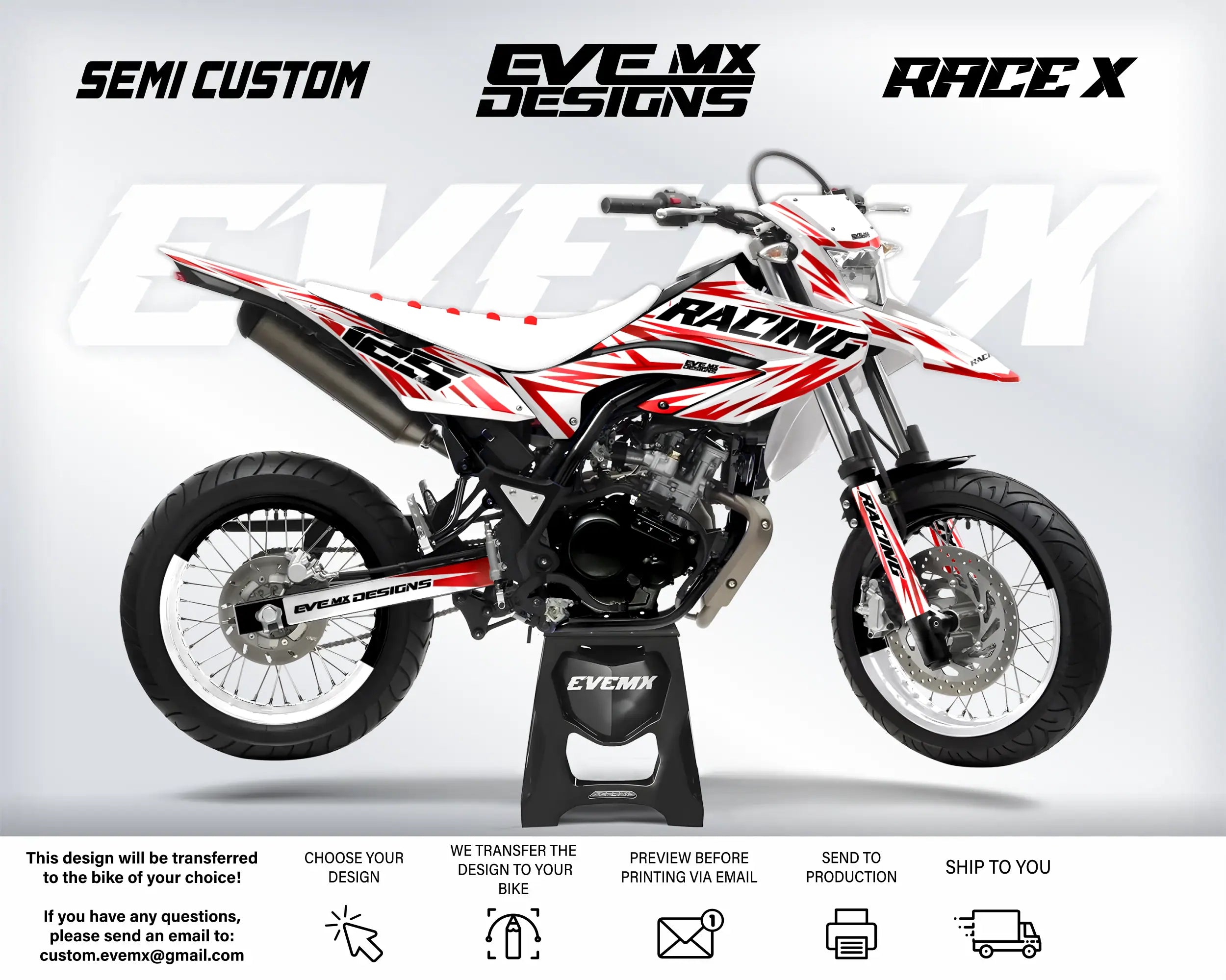 Motocross bike with 'EveMX Designs' branding on a white background