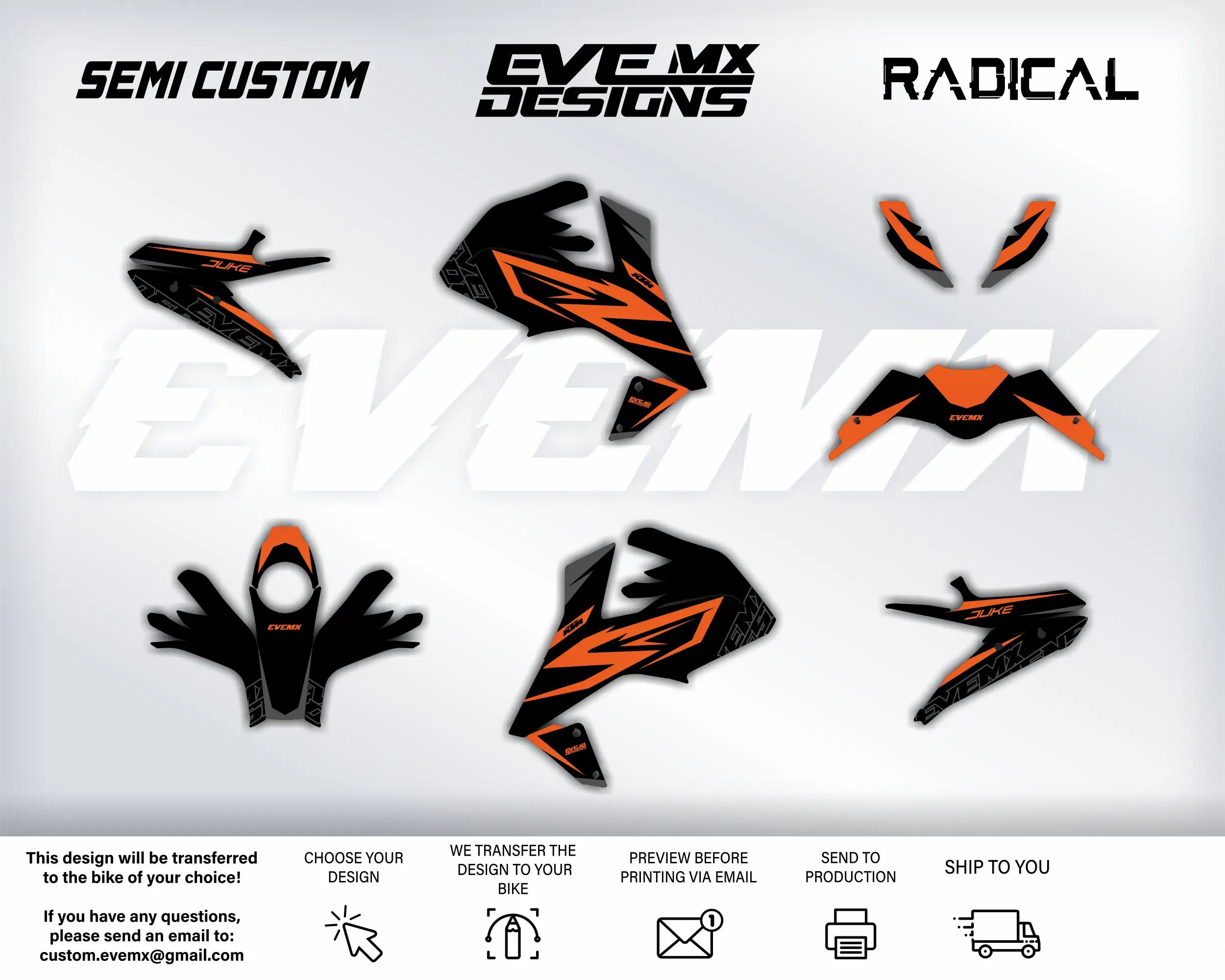 Collection of black and orange graphics with EveMX Designs brand names on a white background