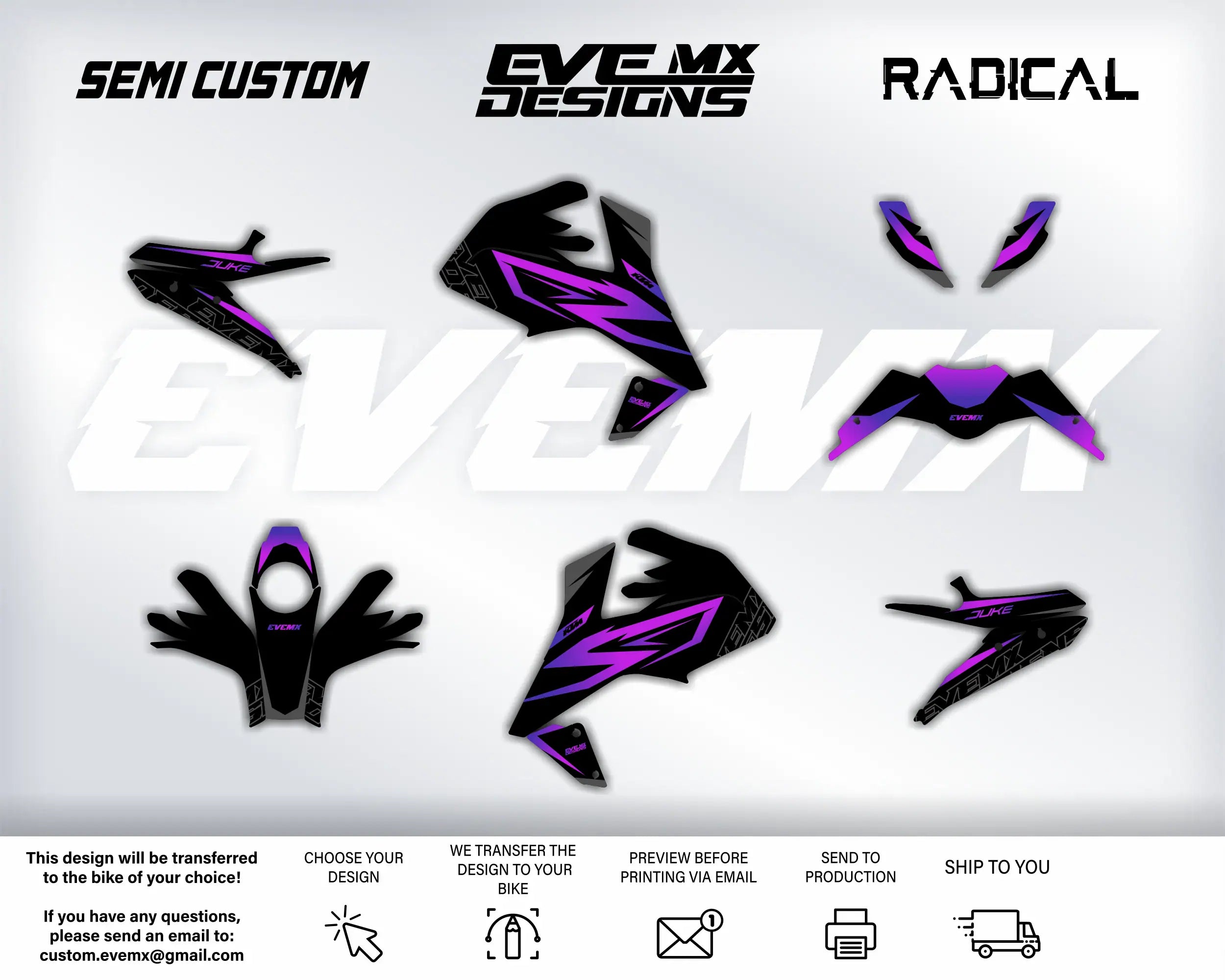 Collection of black and purple graphics with EveMX Designs brand names on a white background