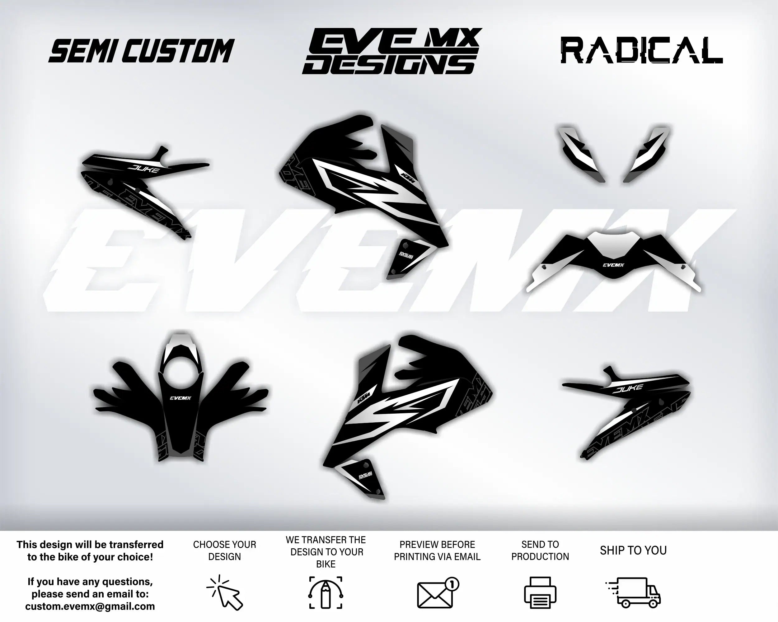 Collection of black motorcycle decals with EveMX Designs branding on a white background
