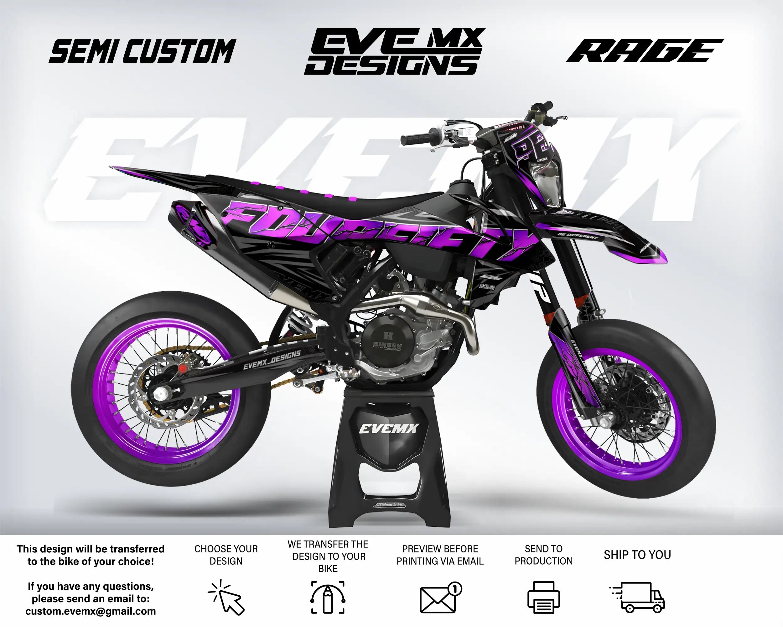 Motorcycle with purple and black design on a white background, featuring 'EveMX Designs' and 'Rage' branding.