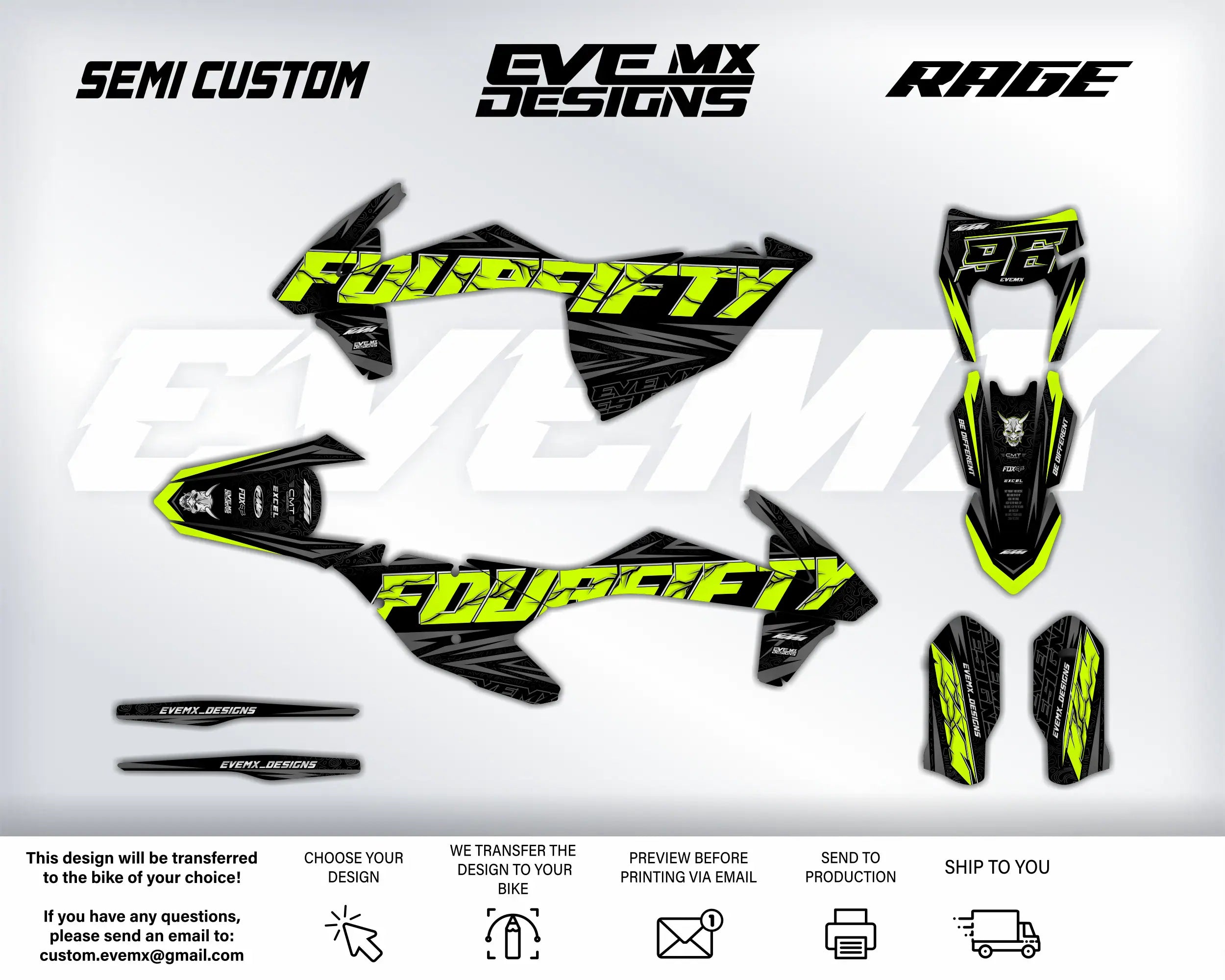 Motocross graphics kit with 'Furious' design on a white background, featuring SEMI CUSTOM, EVEMX DESIGNS, and RAGE branding.