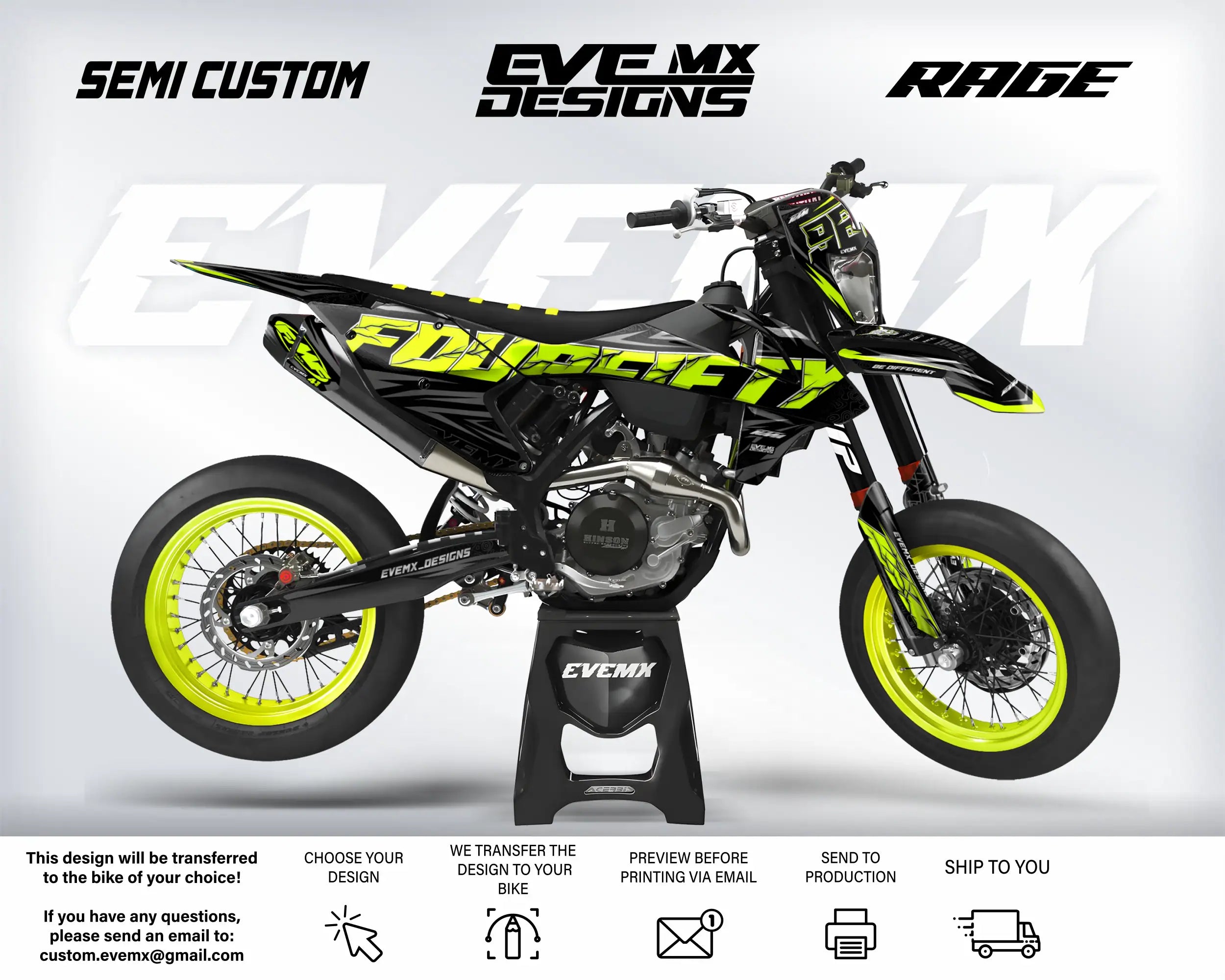 Motorcycle with 'EveMX Designs' and 'Rage' branding on a white background
