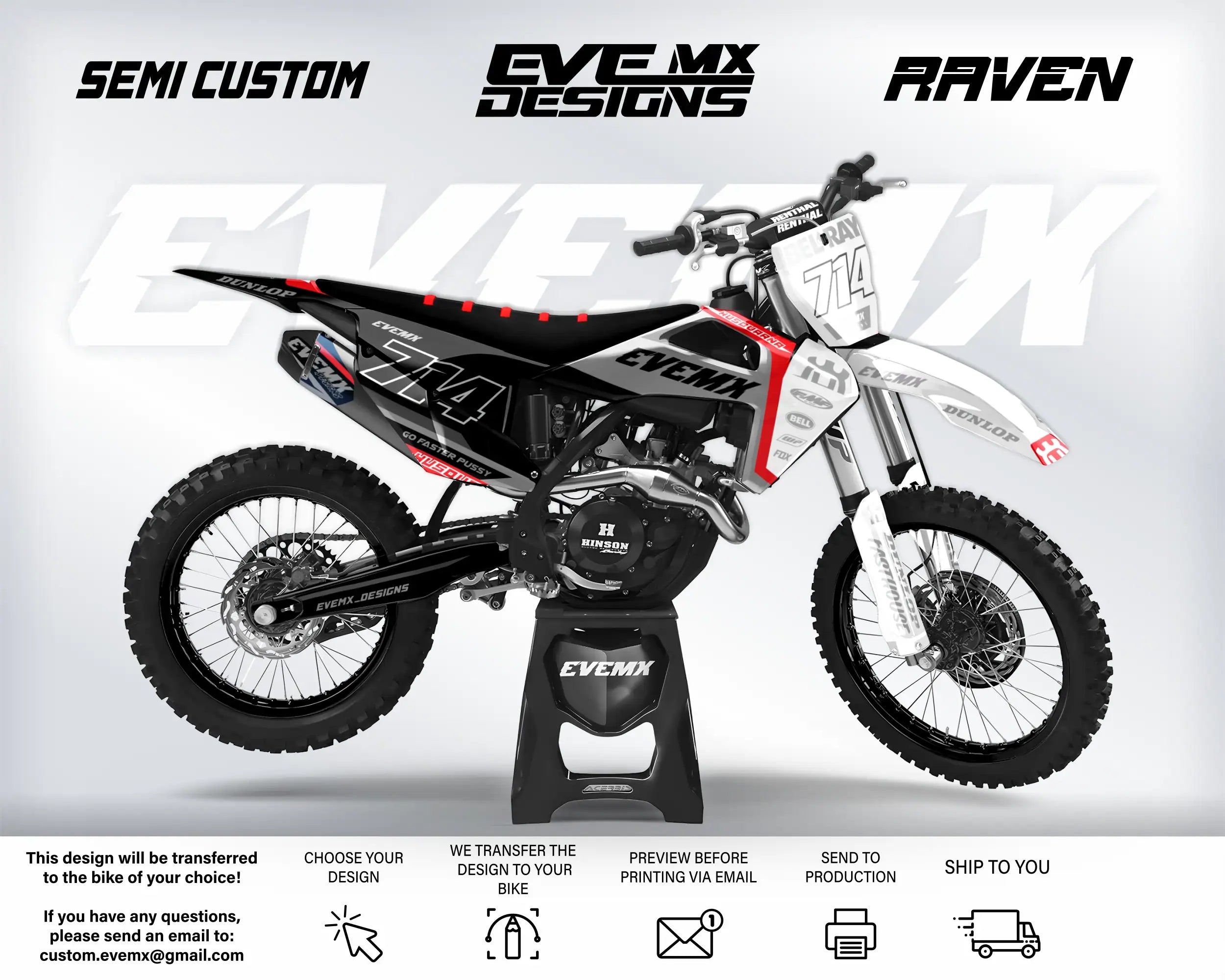 Motocross bike with 'EveMX Designs' branding on a white background