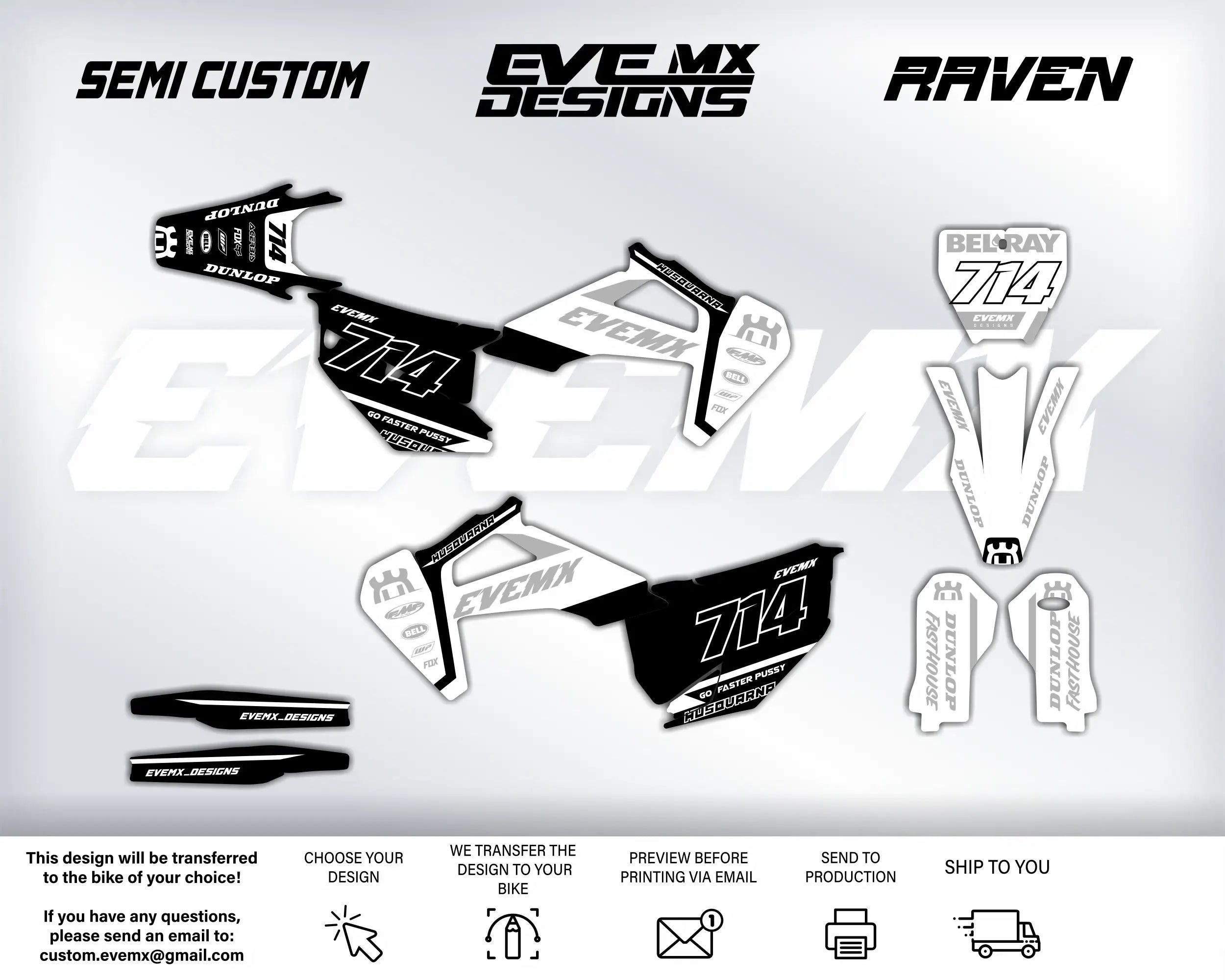 Motorcycle decals with 'EVEMX Designs' branding on a white background