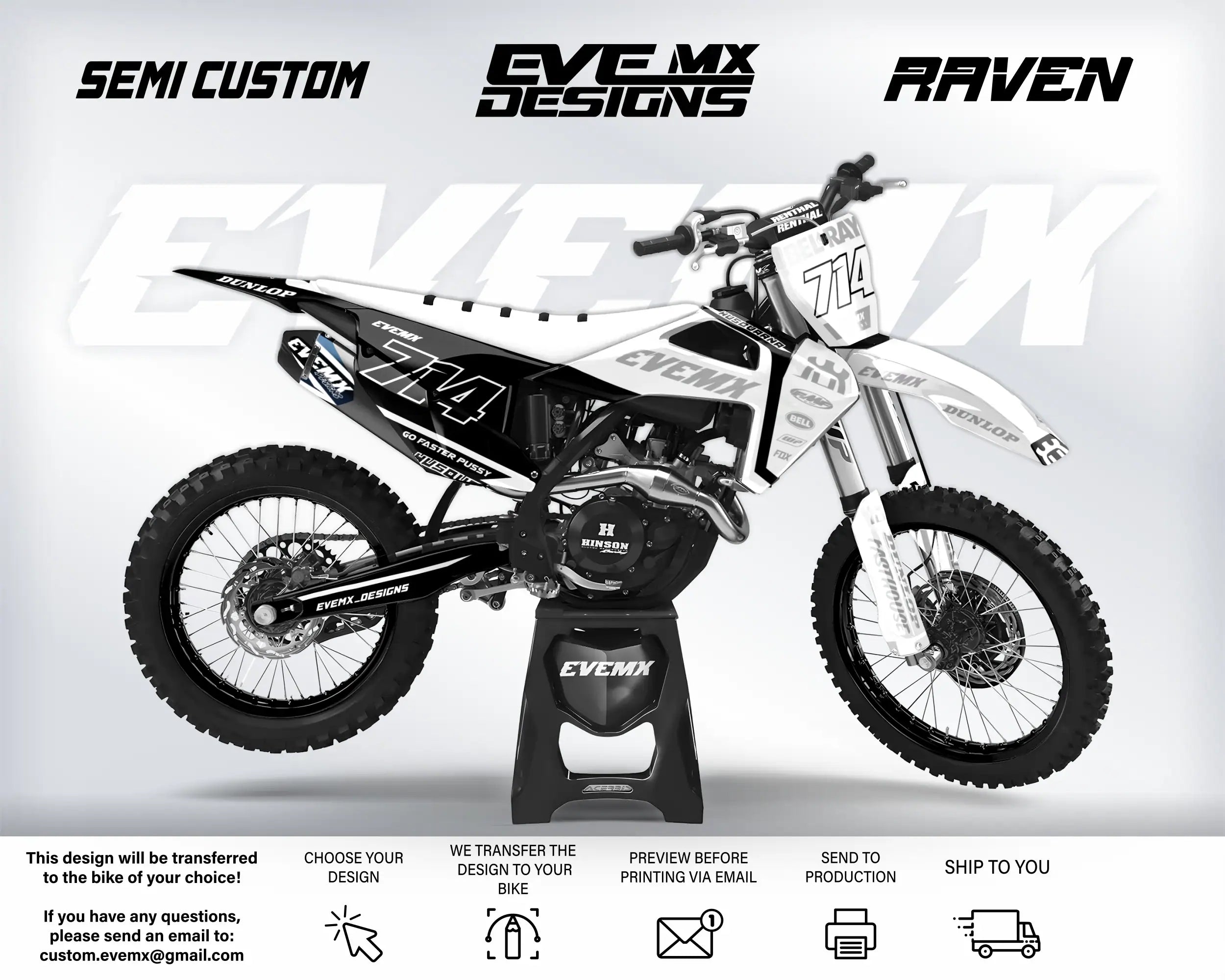 Motocross bike with 'EveMX Designs' branding on a gray background