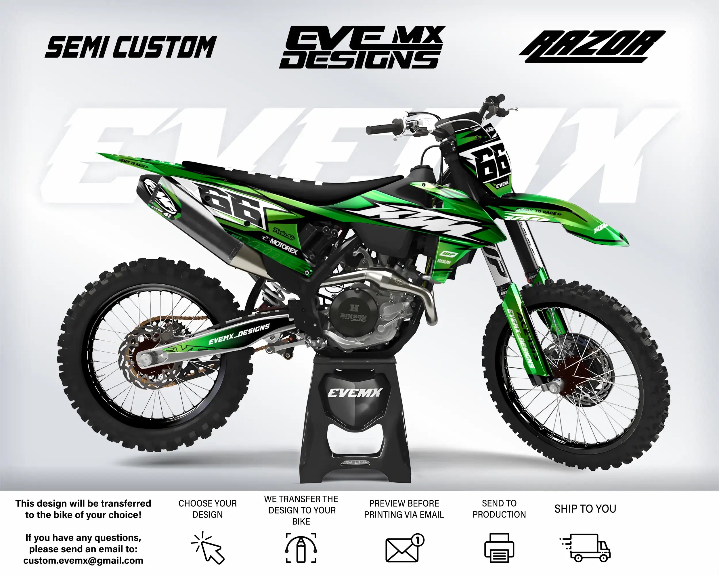 Green and black dirt bike with 'EveMX Designs' branding on a white background