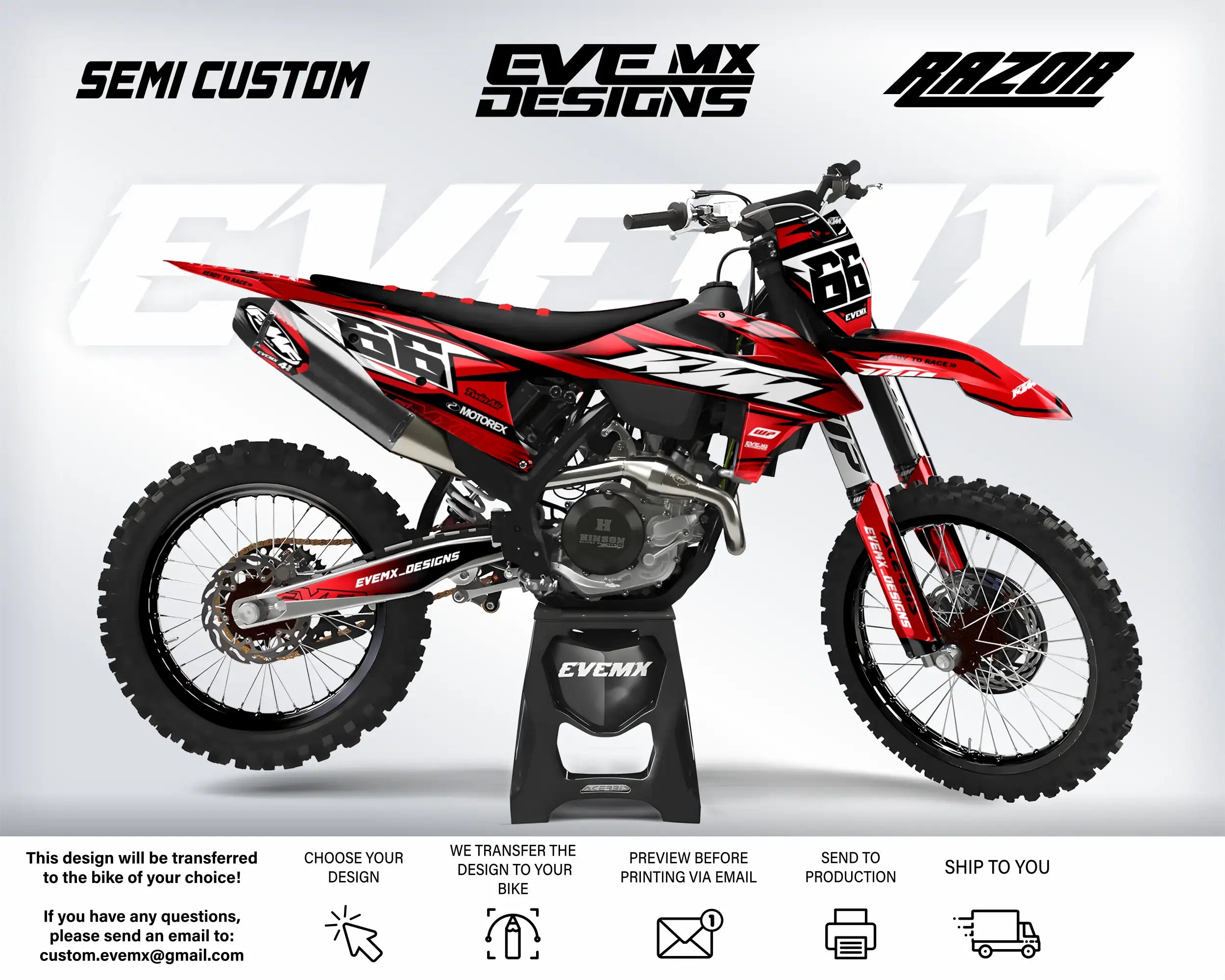 Red and black dirt bike with 'EveMX Designs' branding on a white background