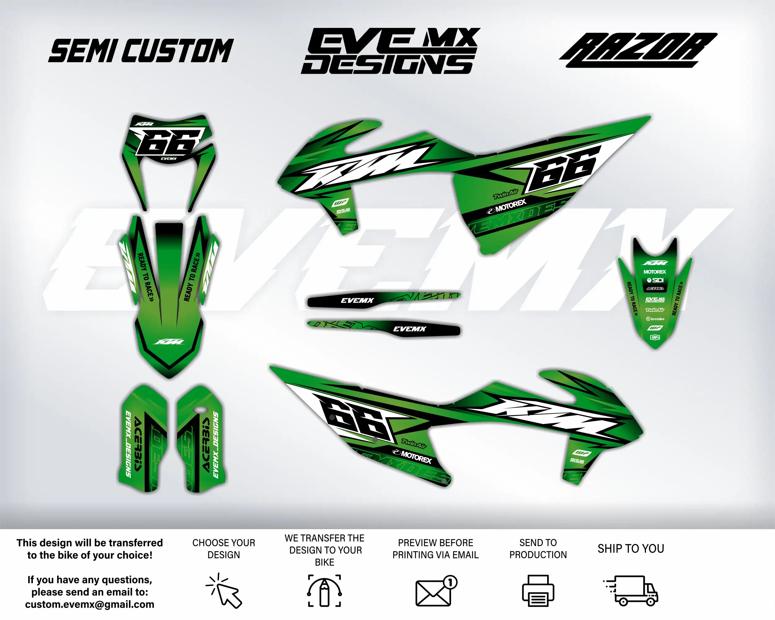 Motorcycle decals with KTM branding on a white background, featuring SEMI CUSTOM, EVEMX DESIGNS, and RAZOR logos.