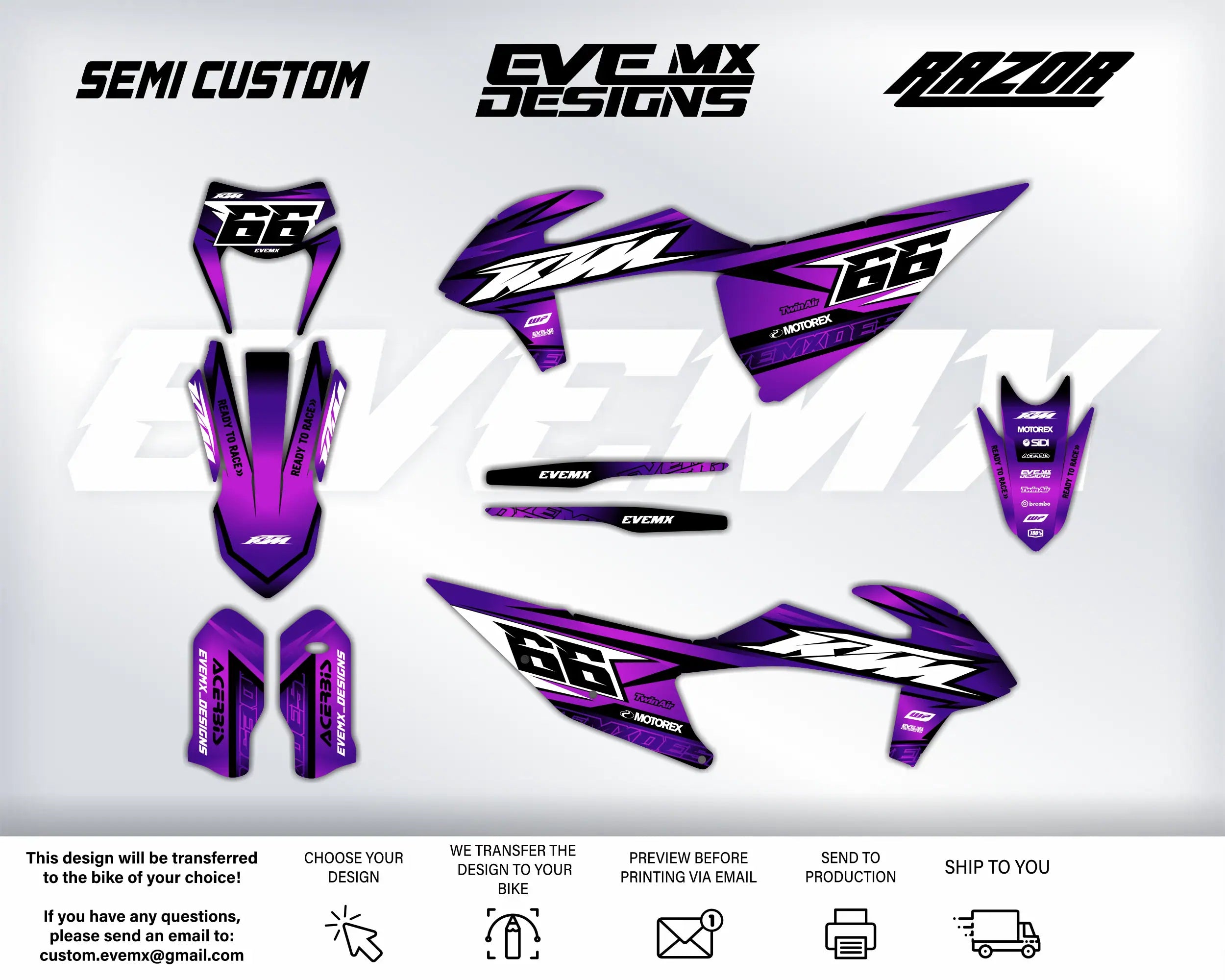 Motorcycle wrap design with 'Semi Custom', 'EveMX Designs', and 'Razor' branding on a white background.
