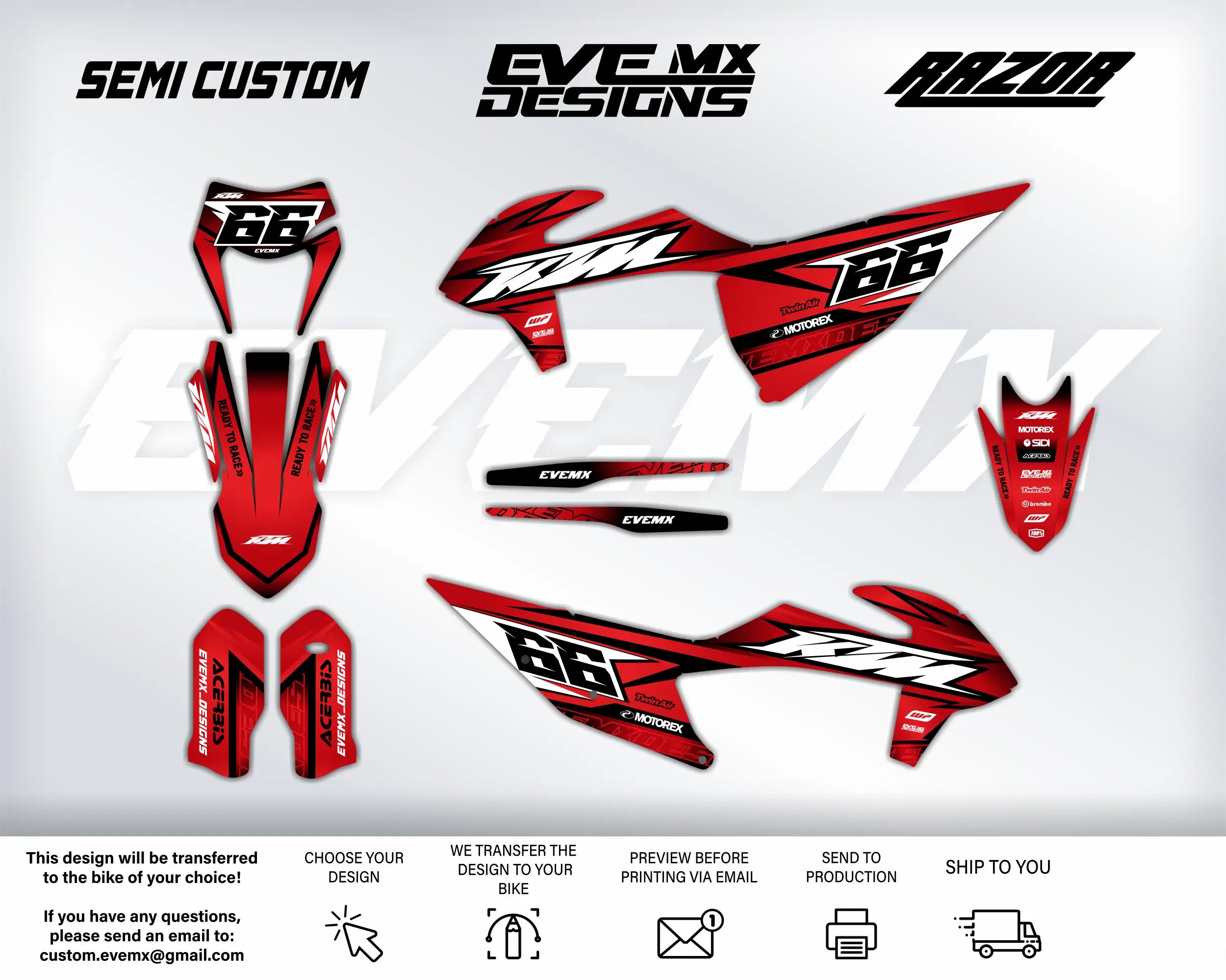 Motorcycle decals with  EveMx Designs  branding and design elements on a white background