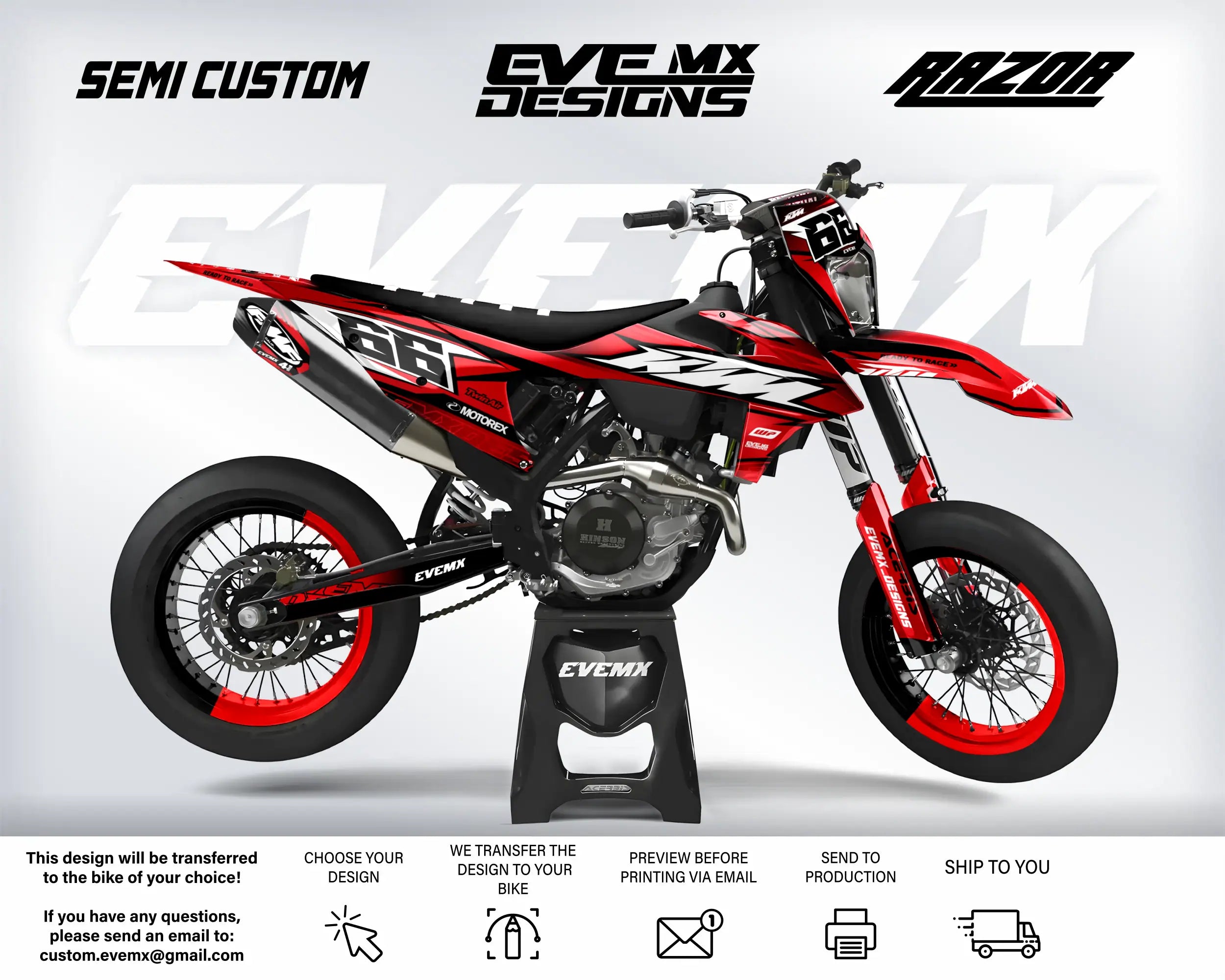 Red and black dirt bike with 'EveMX Designs' branding on a white background