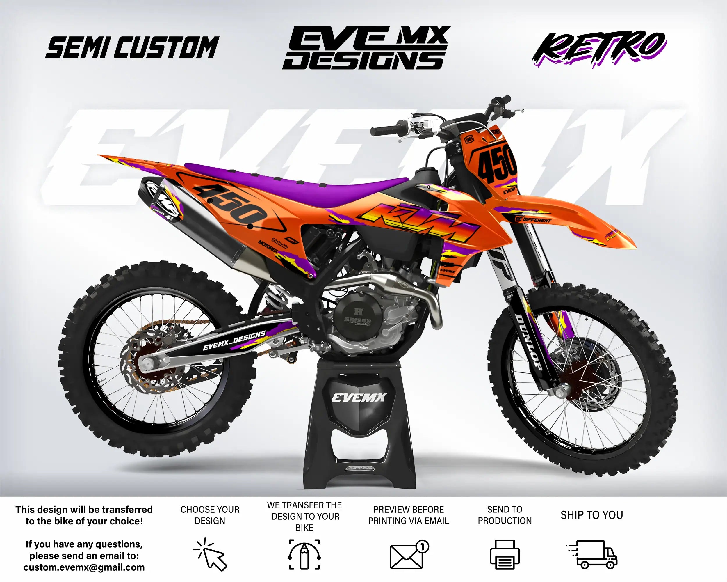 Orange and purple dirt bike with 'EveMX Designs' branding on a white background