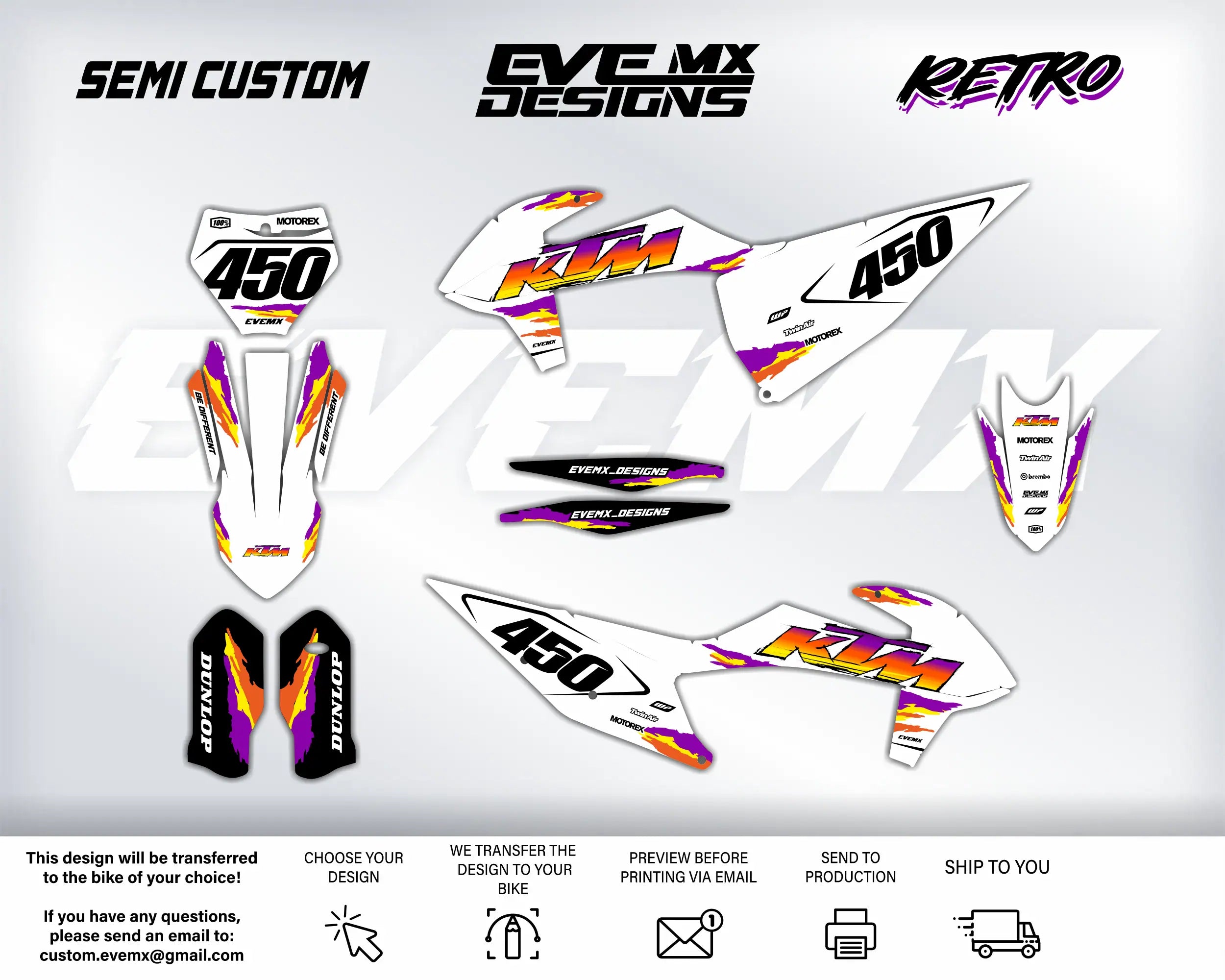 KTM motorcycle decals with 'EveMX Designs' branding on a white background