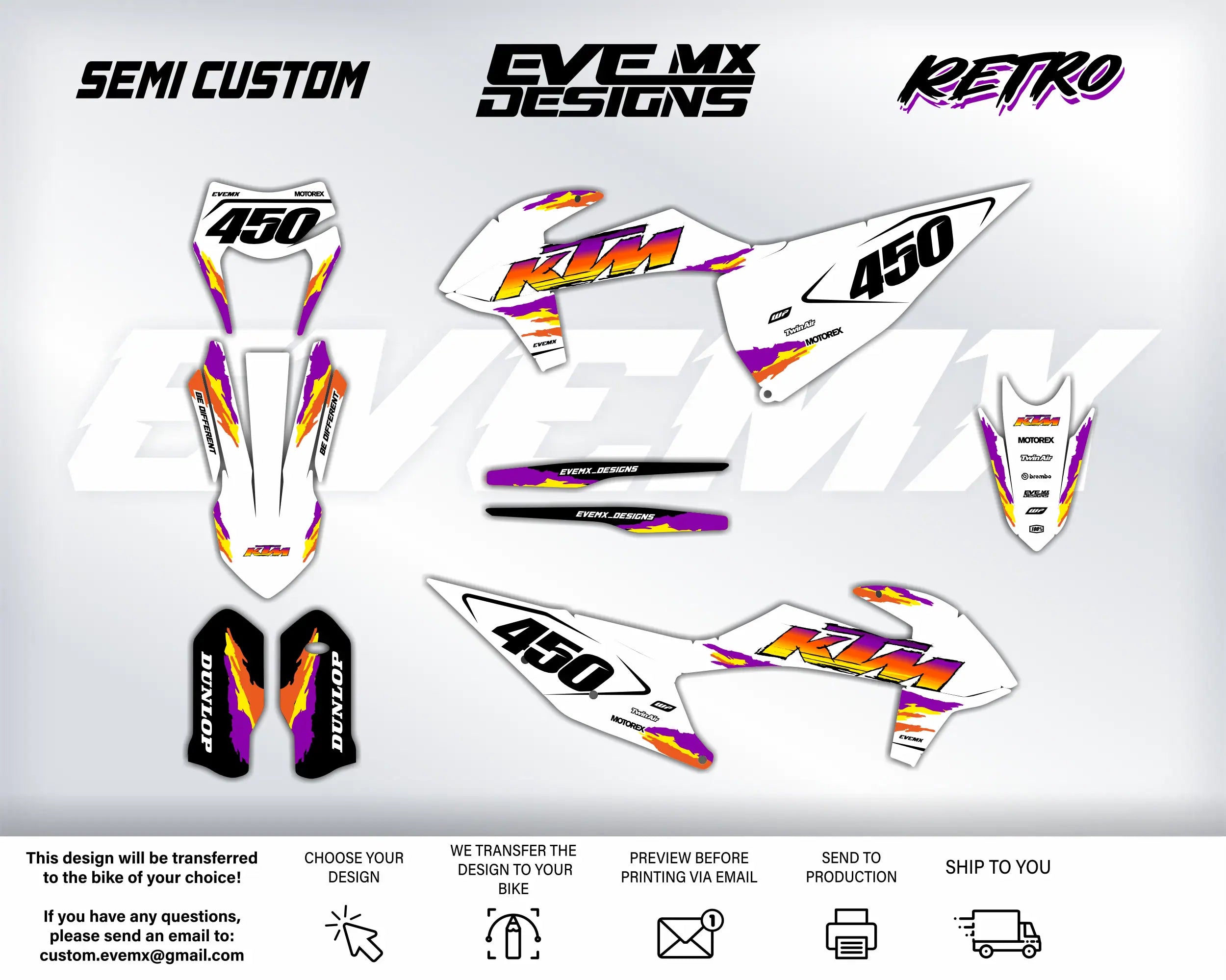 Motorcycle decals with KTM branding and 'EveMX Designs' logo on a white background.