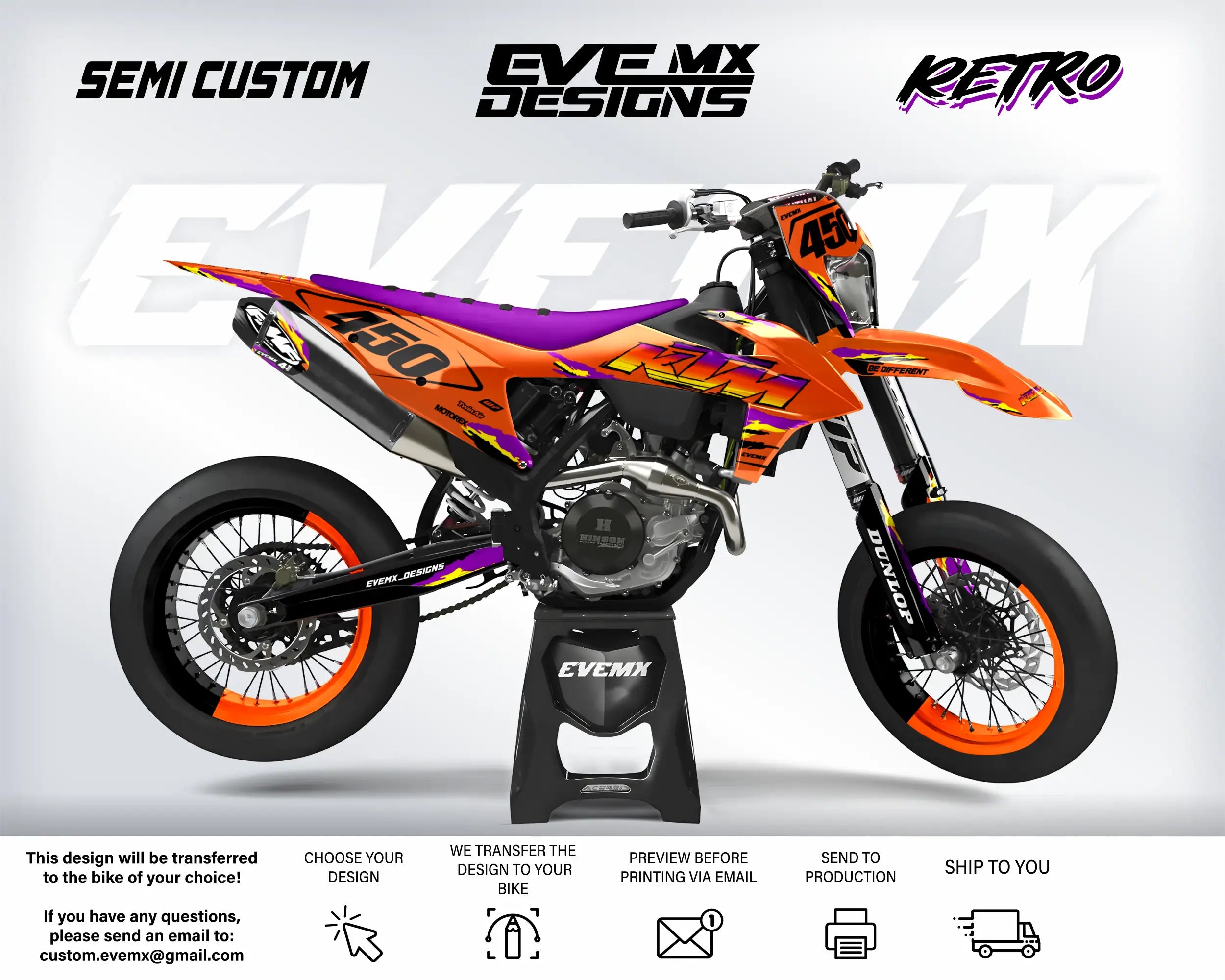 Orange and purple dirt bike with 'EveMX Designs' branding on a white background
