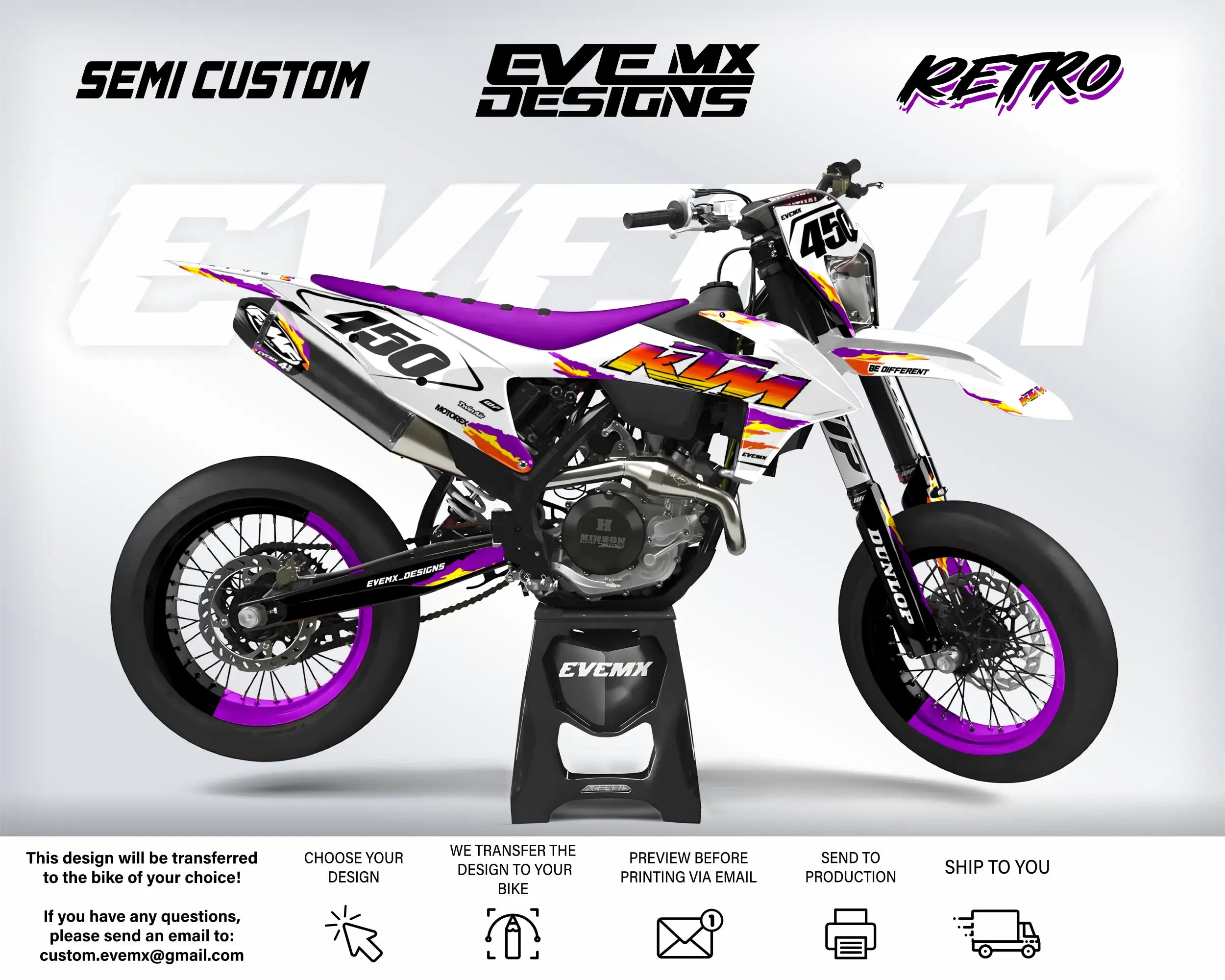 Motorcycle with custom graphics on a white background, featuring the brand 'EveMX Designs'.