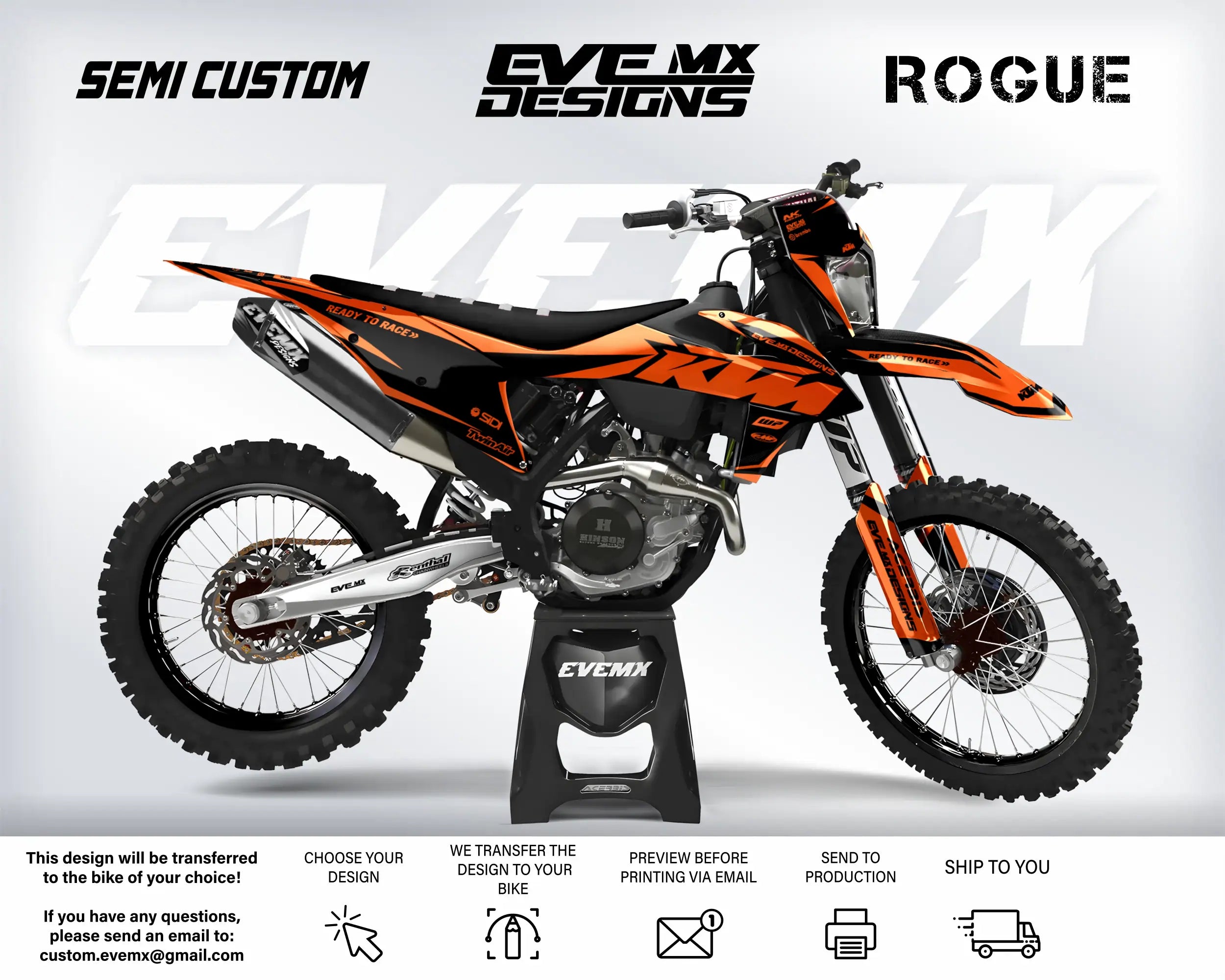 Orange and black dirt bike with 'EveMX Designs' branding on a white background