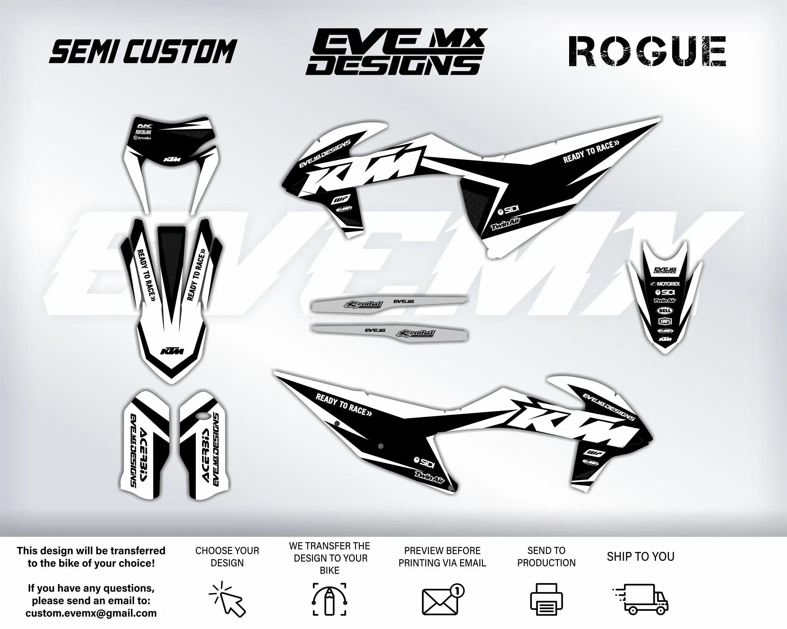 KTM motorcycle decals with 'Semi Custom', 'EveMX Designs', and 'Rogue' branding on a white background.