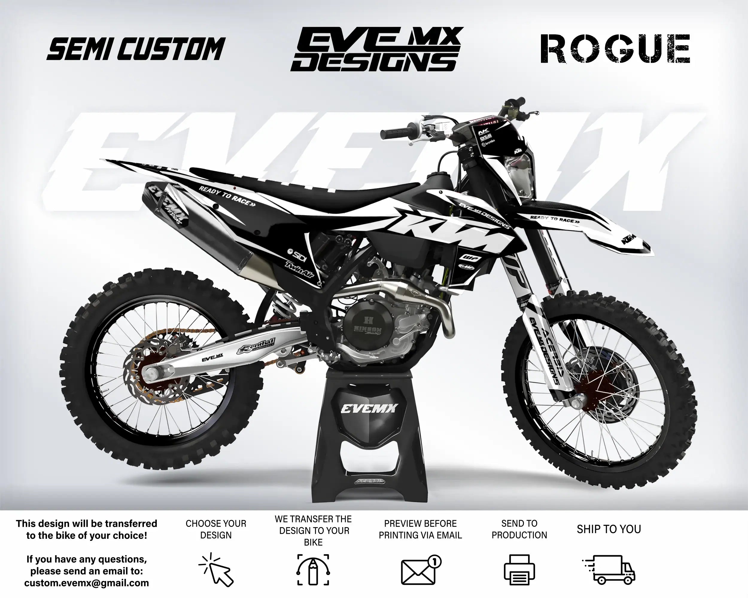 Motocross bike with 'EveMX Designs' branding on a white background