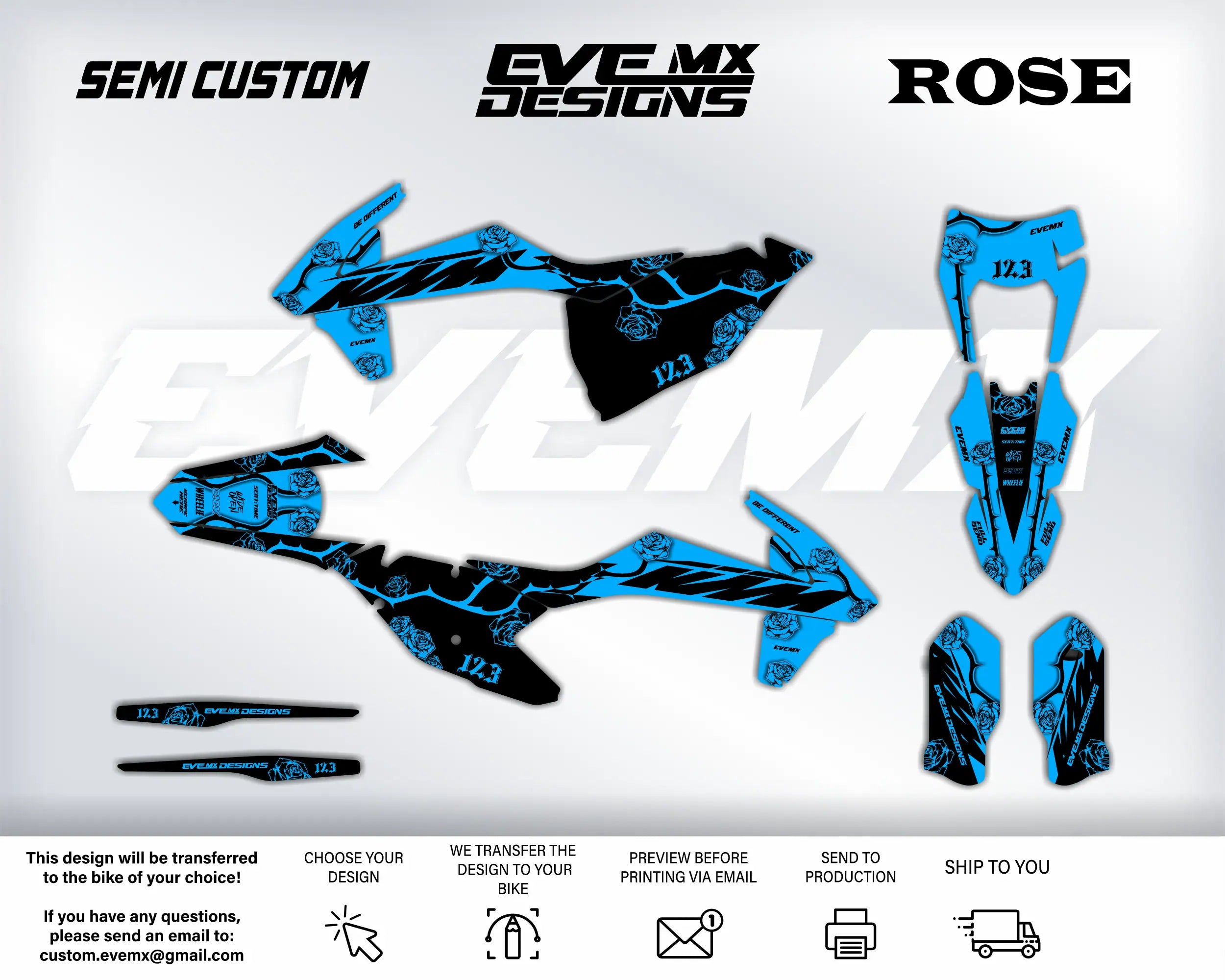 Motorcycle graphics kit with blue and black design elements on a white background, featuring 'EveMX Designs' branding.