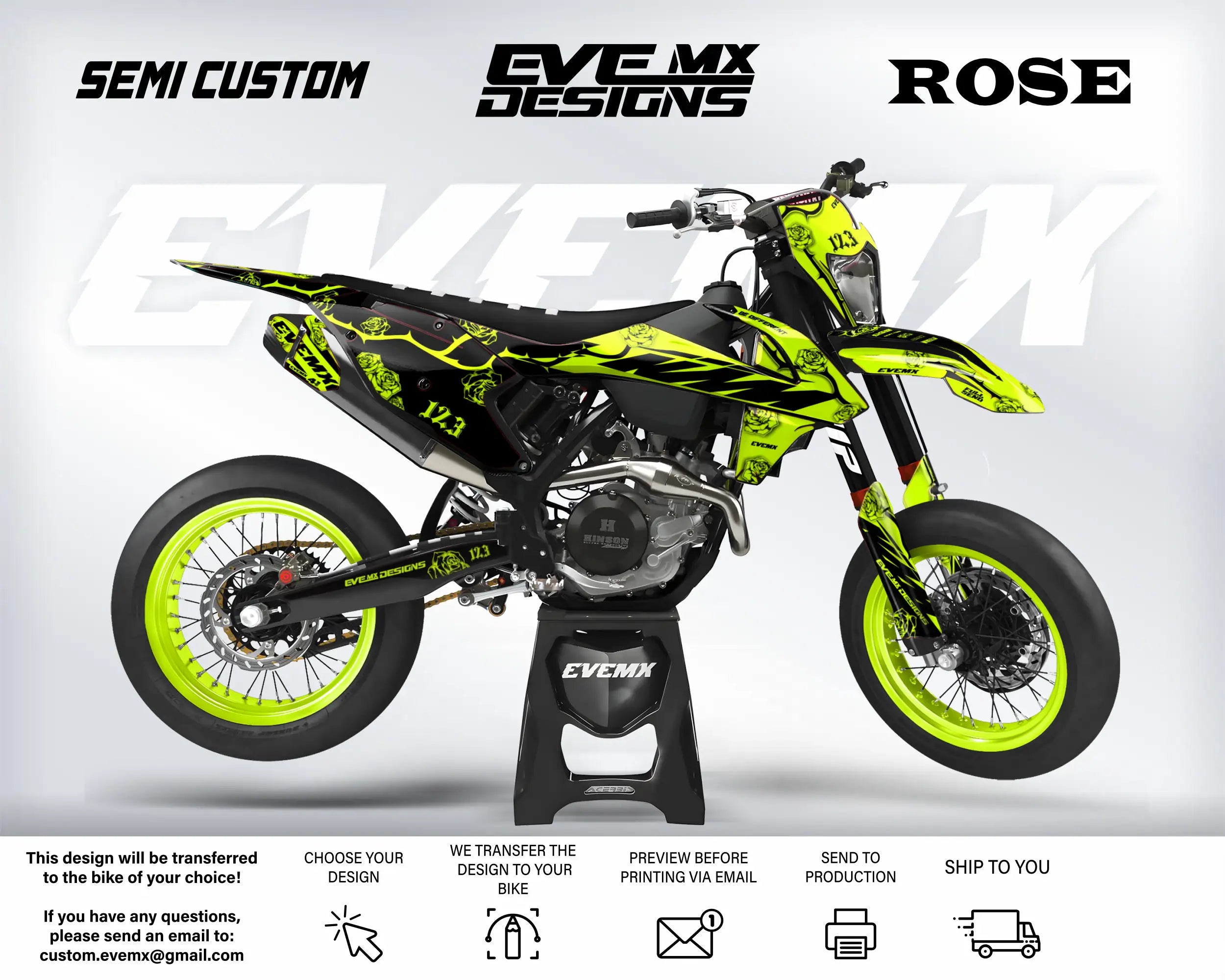 Motorcycle with custom design on a white background, featuring 'EveMX Designs' and 'Rose'.