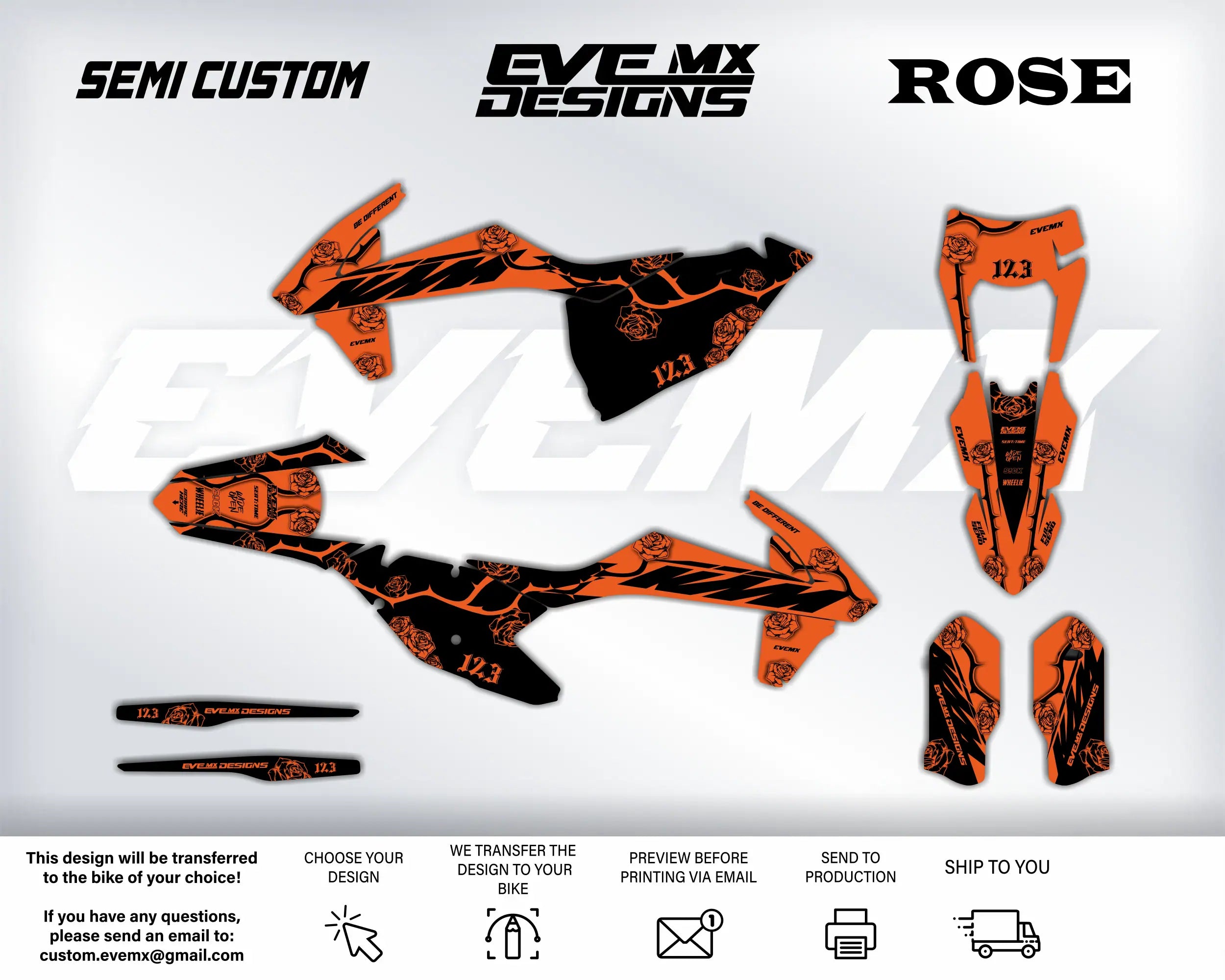 Orange and black motorcycle decals with 'EveMX Designs' branding on a white background.