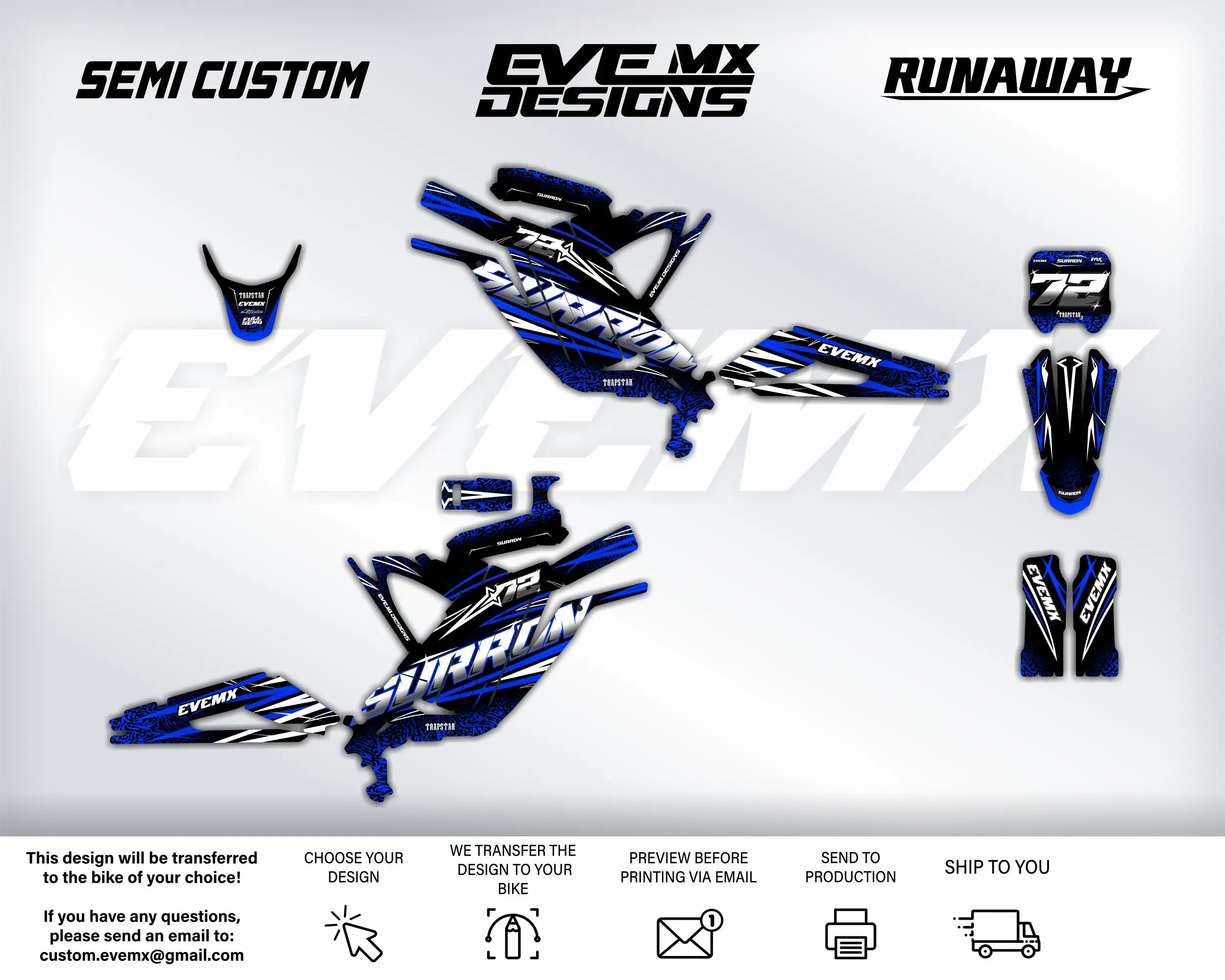 Motorcycle wrap design with 'EveMX Designs' branding on a white background