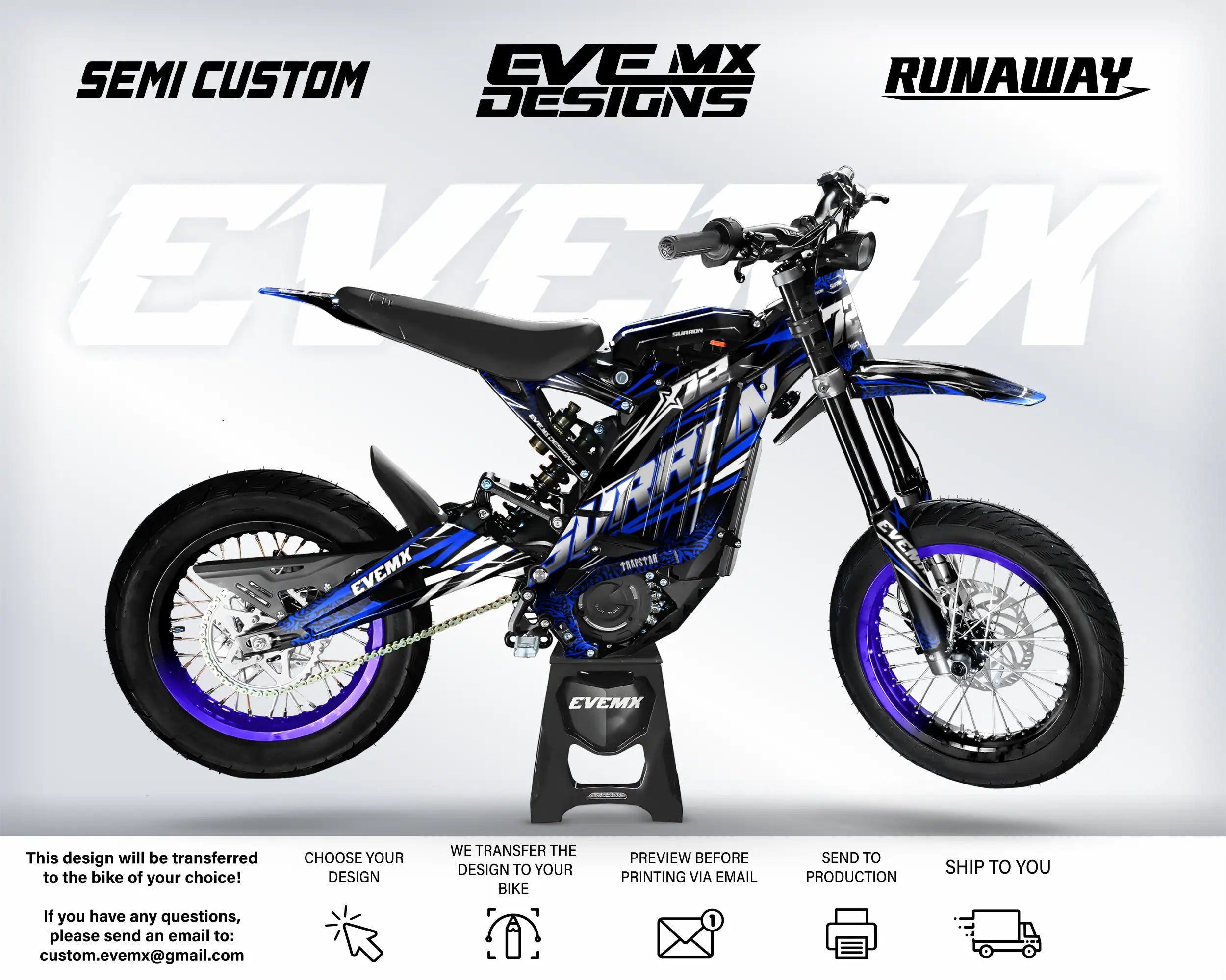 Motorcycle with 'EveMX Designs' branding on a white background