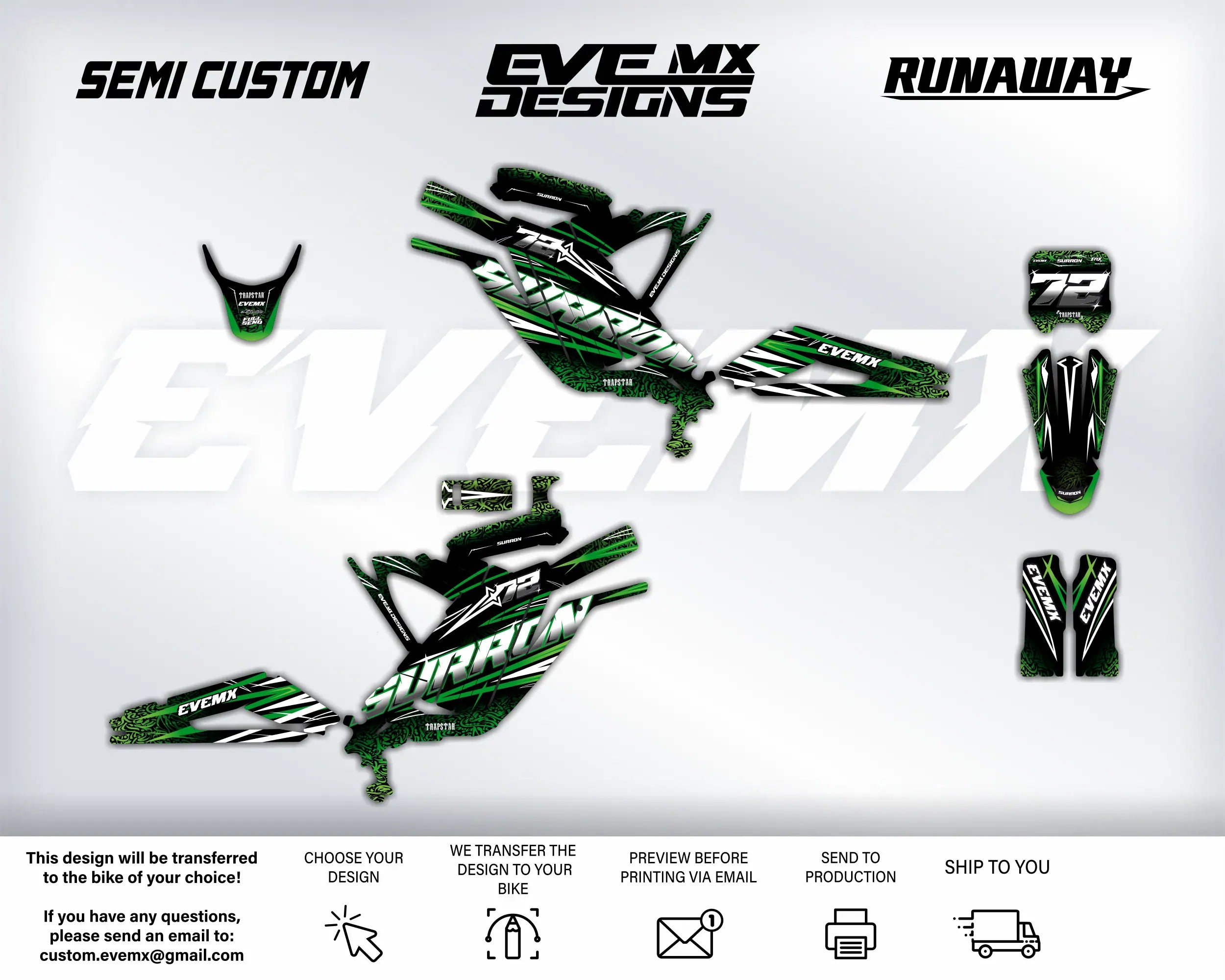 Motorcycle wrap design with green and black graphics on a white background, featuring EveMx Designs branding and contact information.