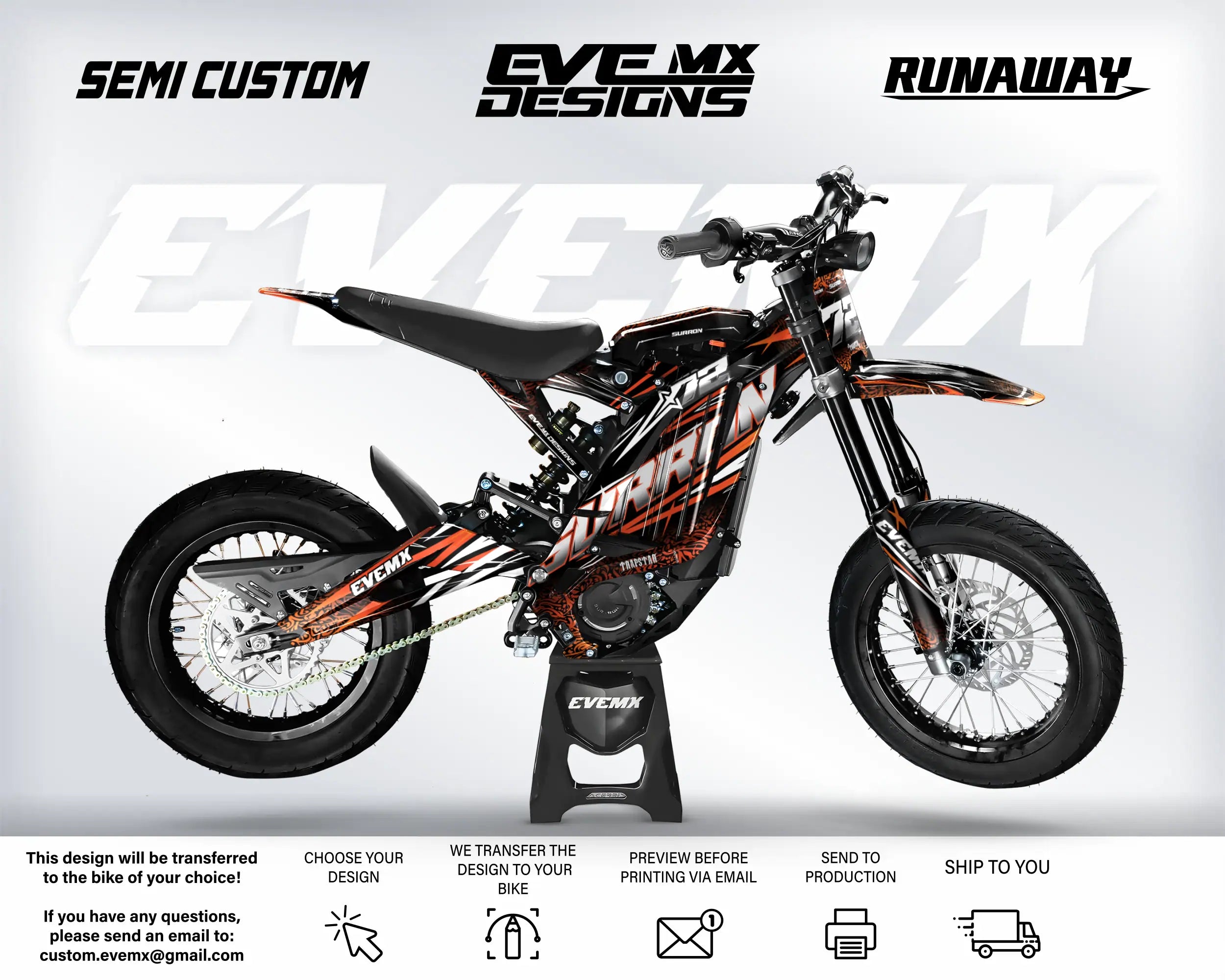 Motorcycle with 'EveMX Designs' branding on a white background