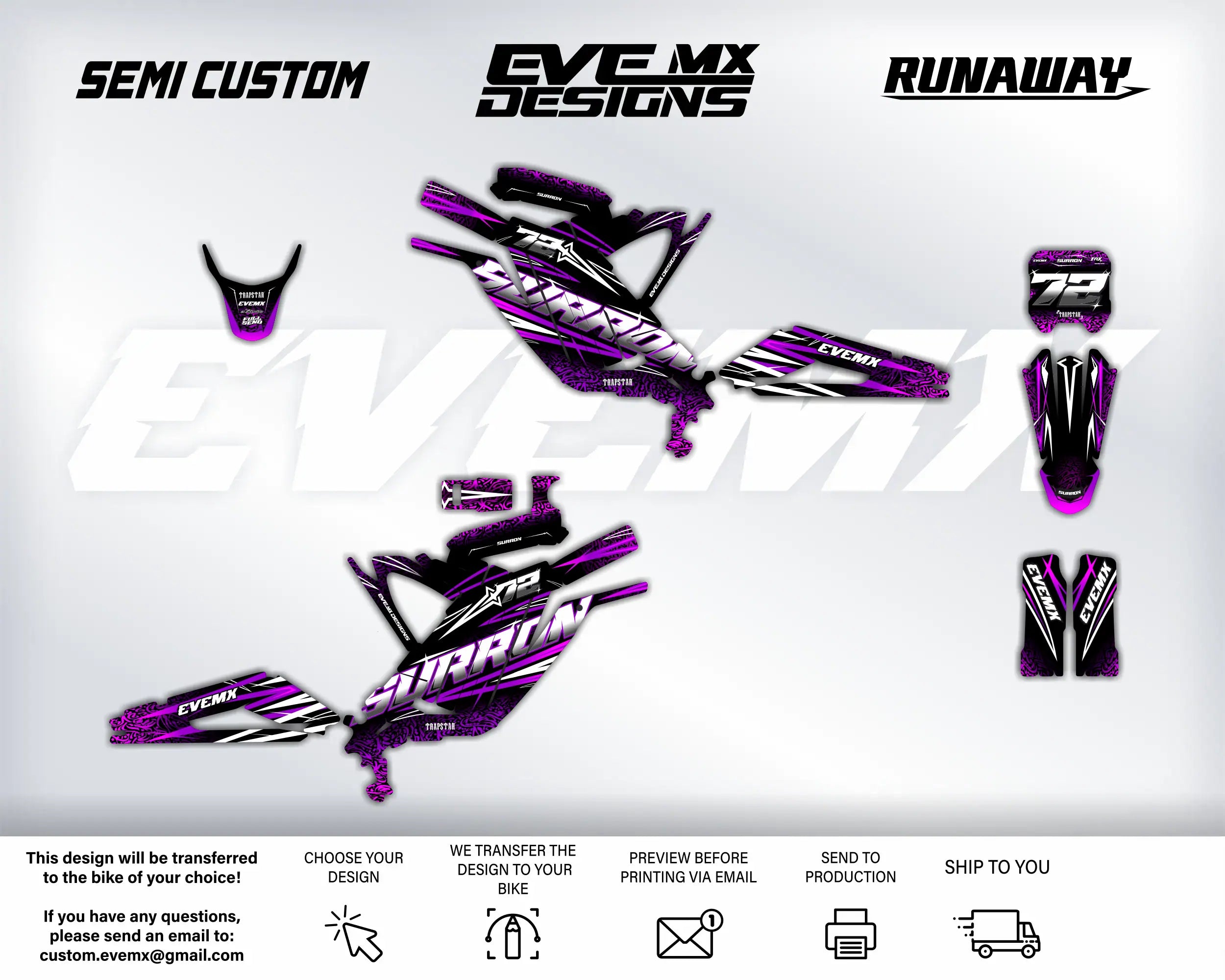 Motorcycle wrap design kit with purple and black graphics on a white background, featuring brand names like EveMX Designs.