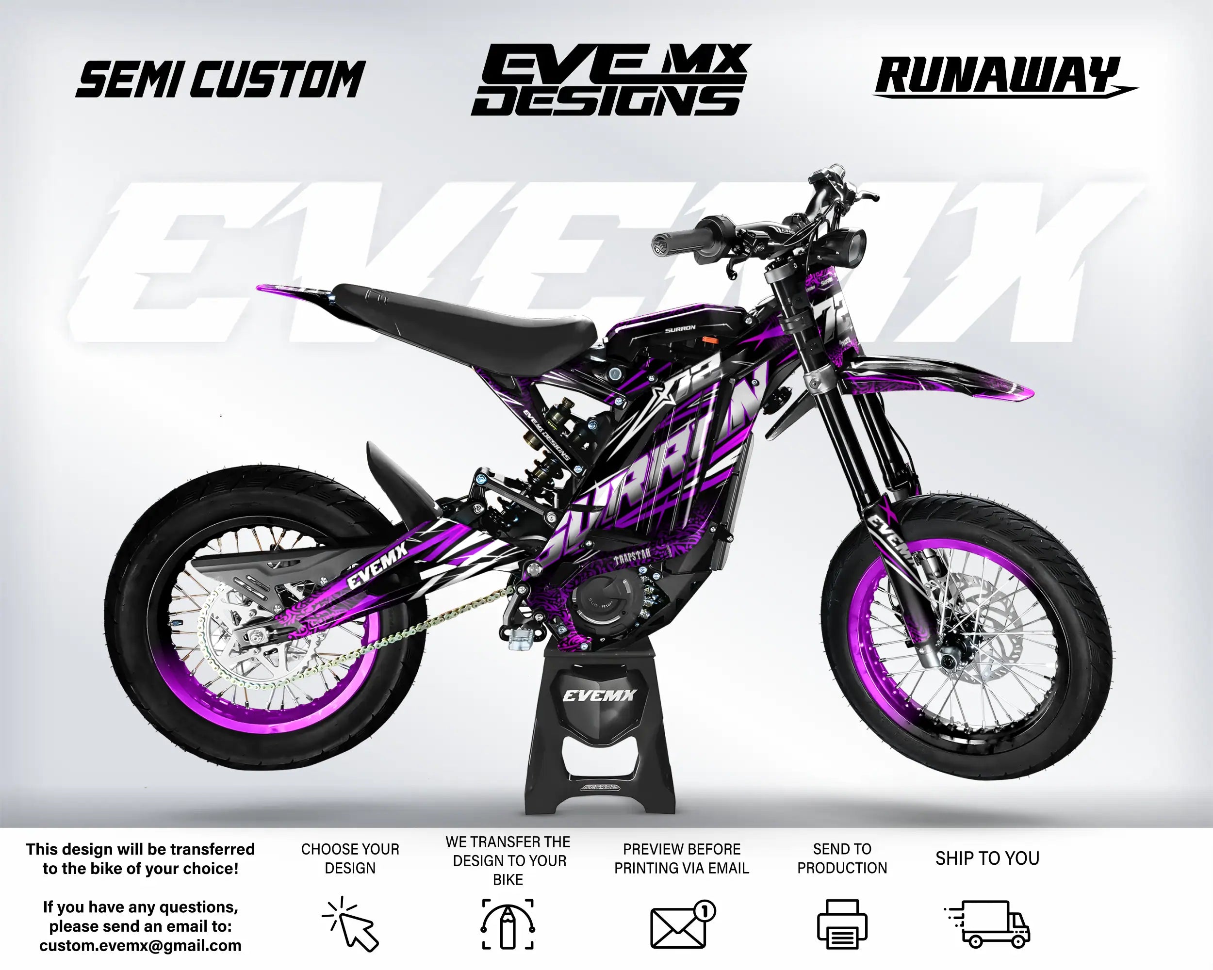 Purple and black motorcycle with 'EveMX Designs' branding on a white background