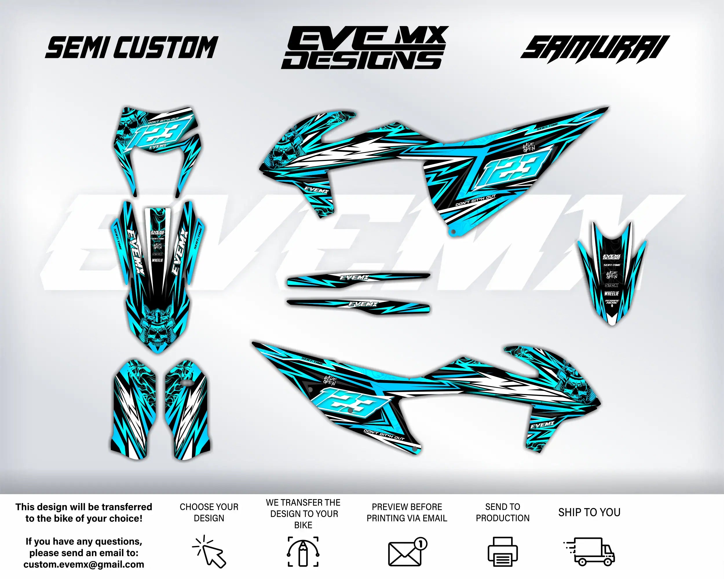 Motorcycle wrap design with 'EveMX Designs' branding on a white background