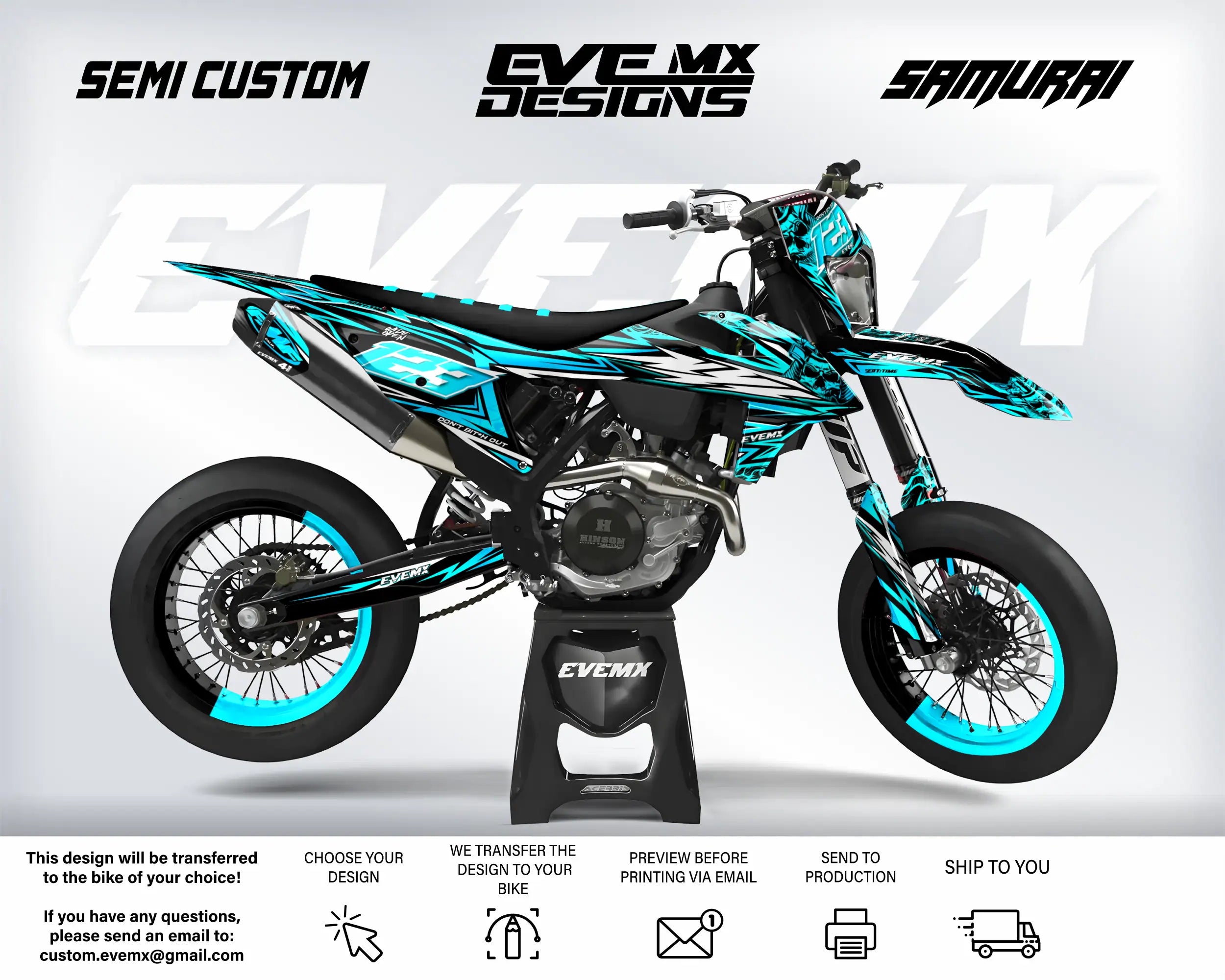 Motorcycle with blue and black design on a white background, featuring 'EveMX Designs' branding.