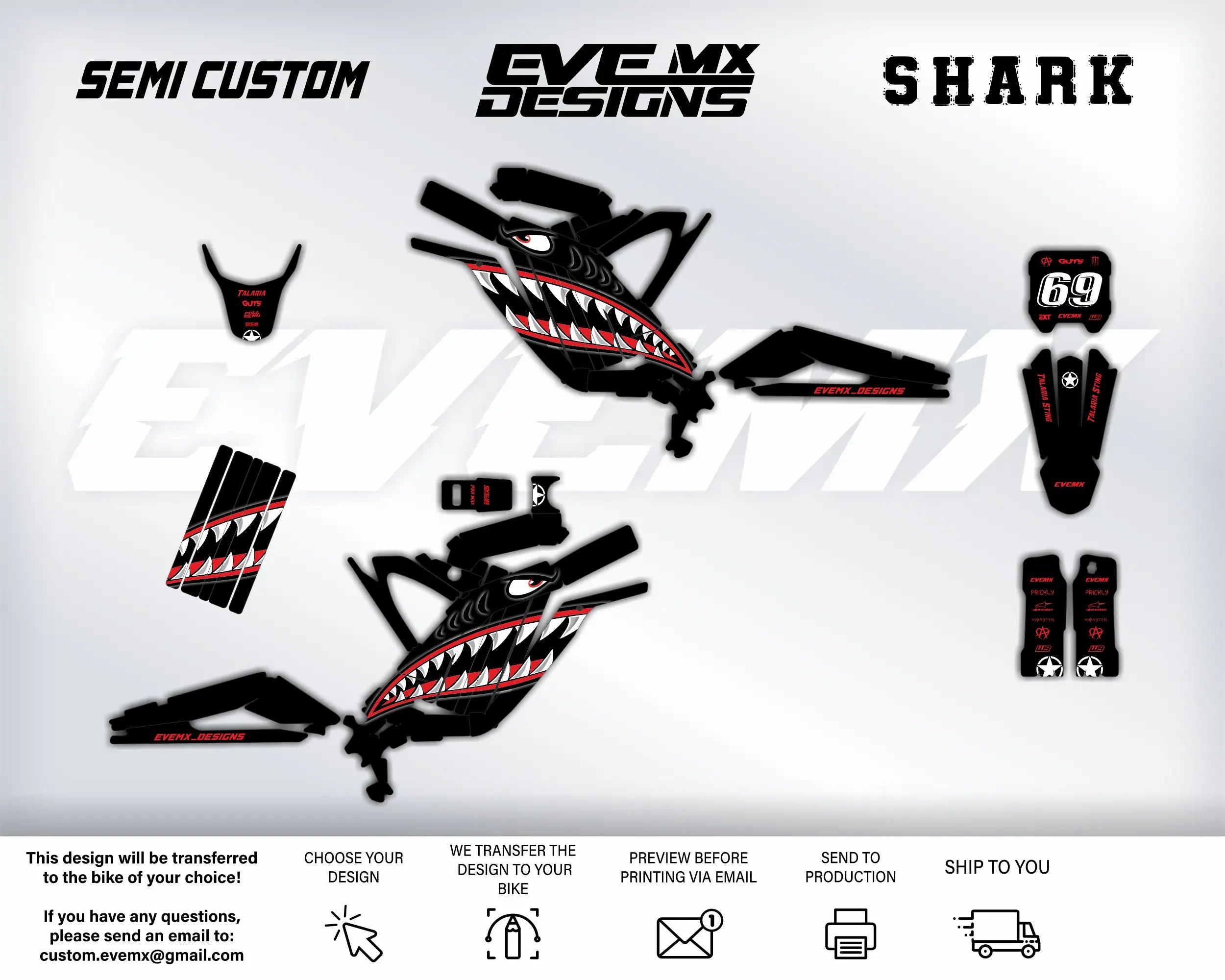 Motorcycle graphics kit with shark design and EveMx Designs branding on a white background
