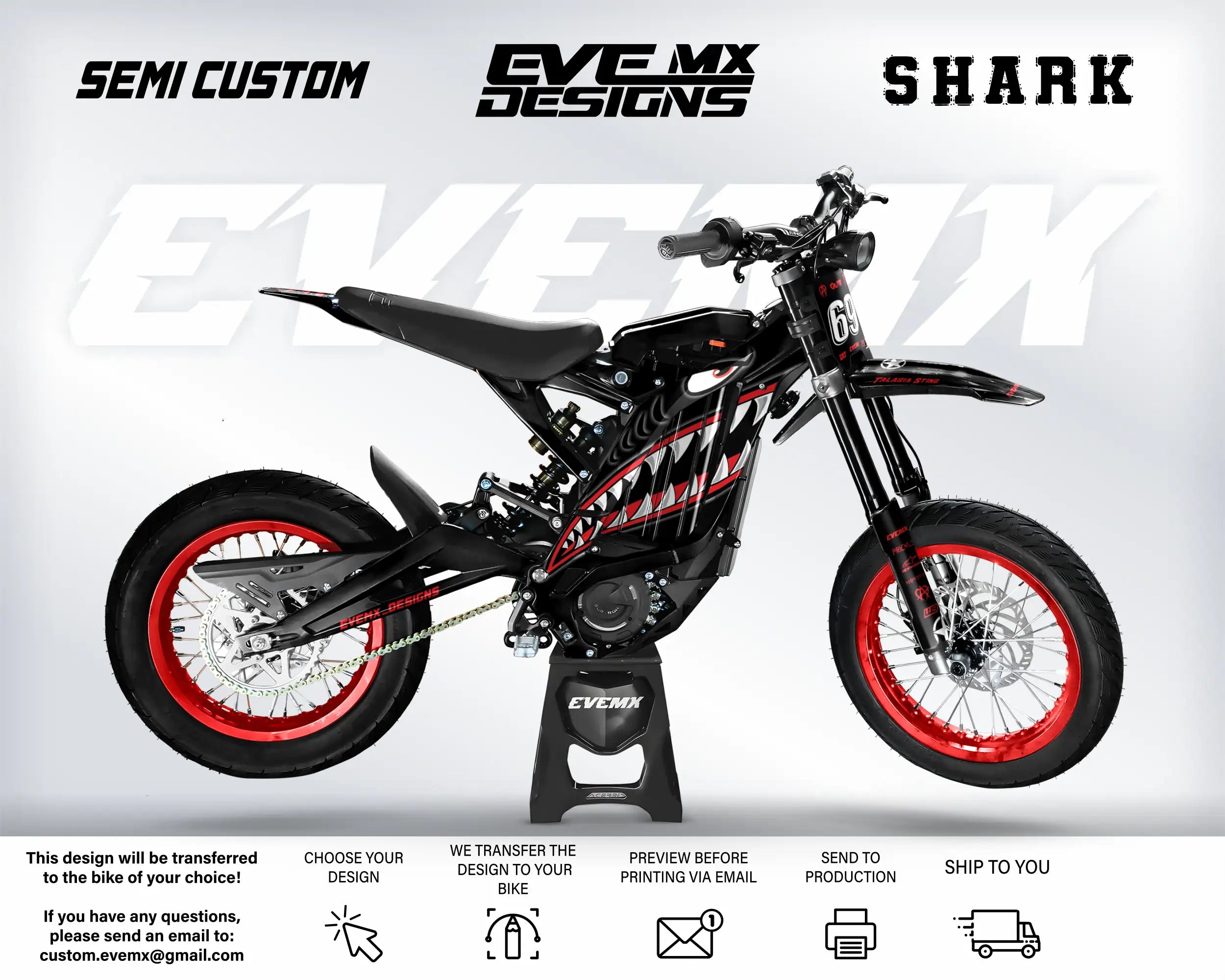 Electric bike with 'EveMX Designs' branding on a white background