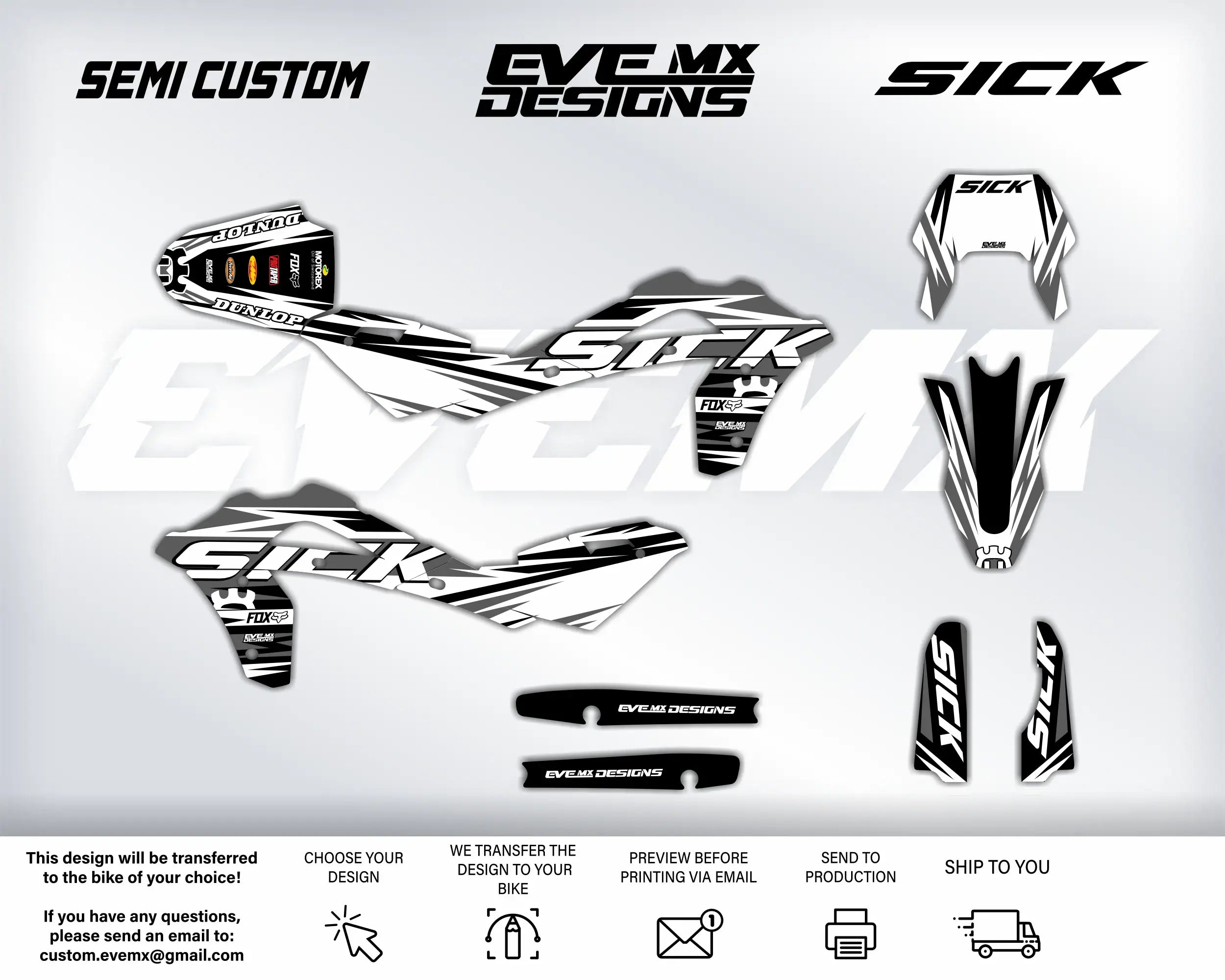 MX bike graphics kit with 'Sick' and 'EveMX Designs' branding on a white background.