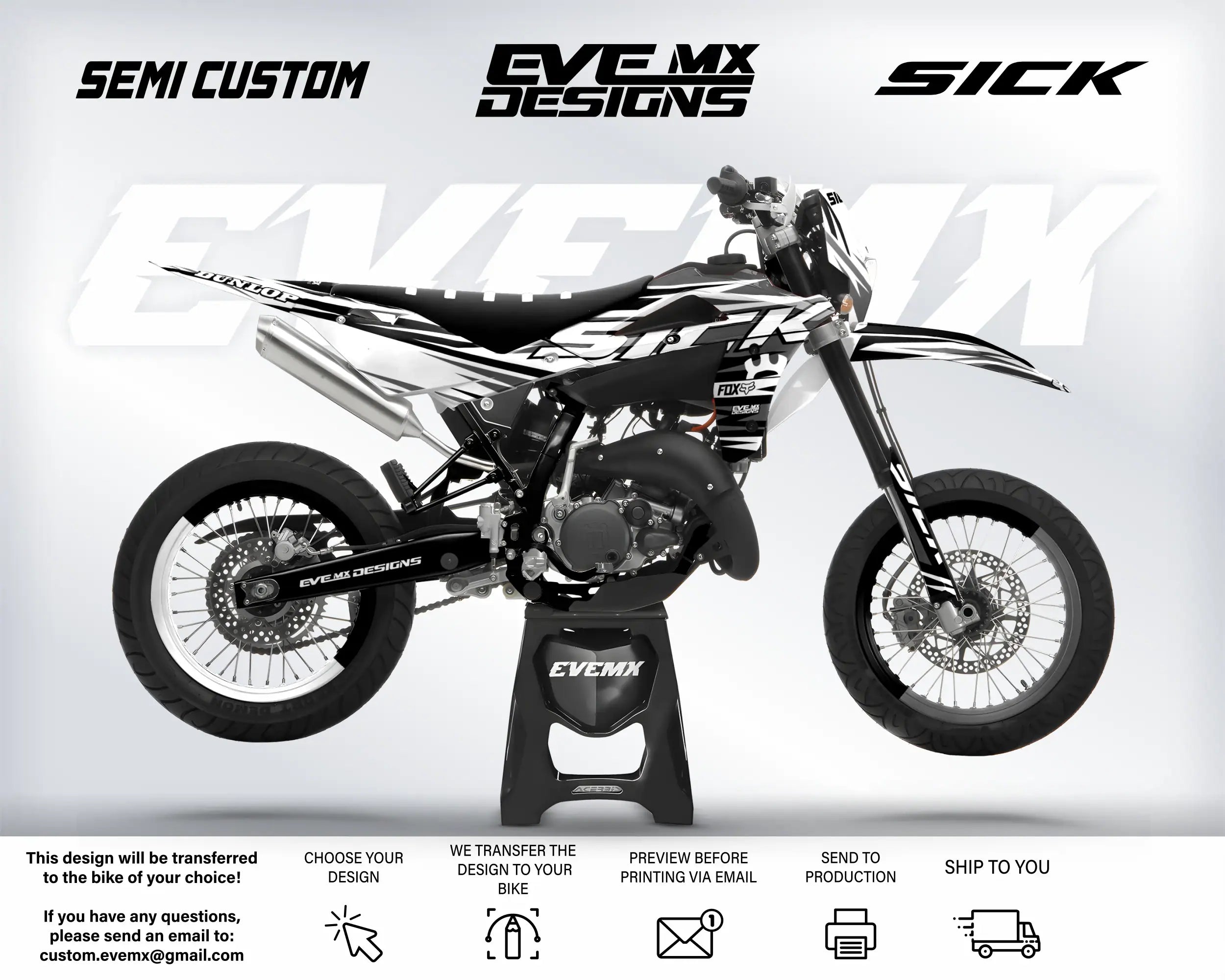 Motorcycle with 'EveMX Designs' branding on a white background