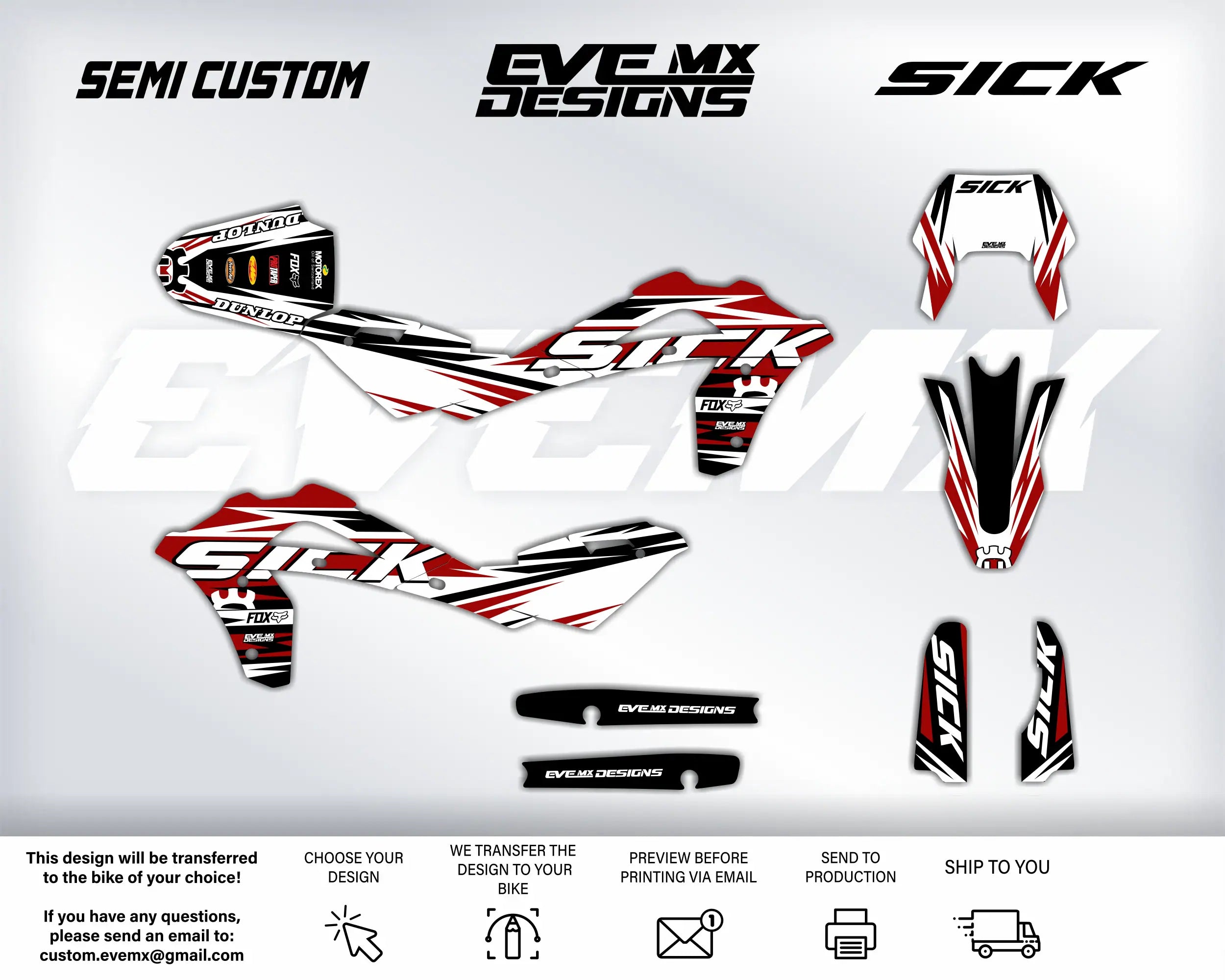 Motorcycle wrap design with 'Sick' and 'EveMX Designs' branding on a gray background.
